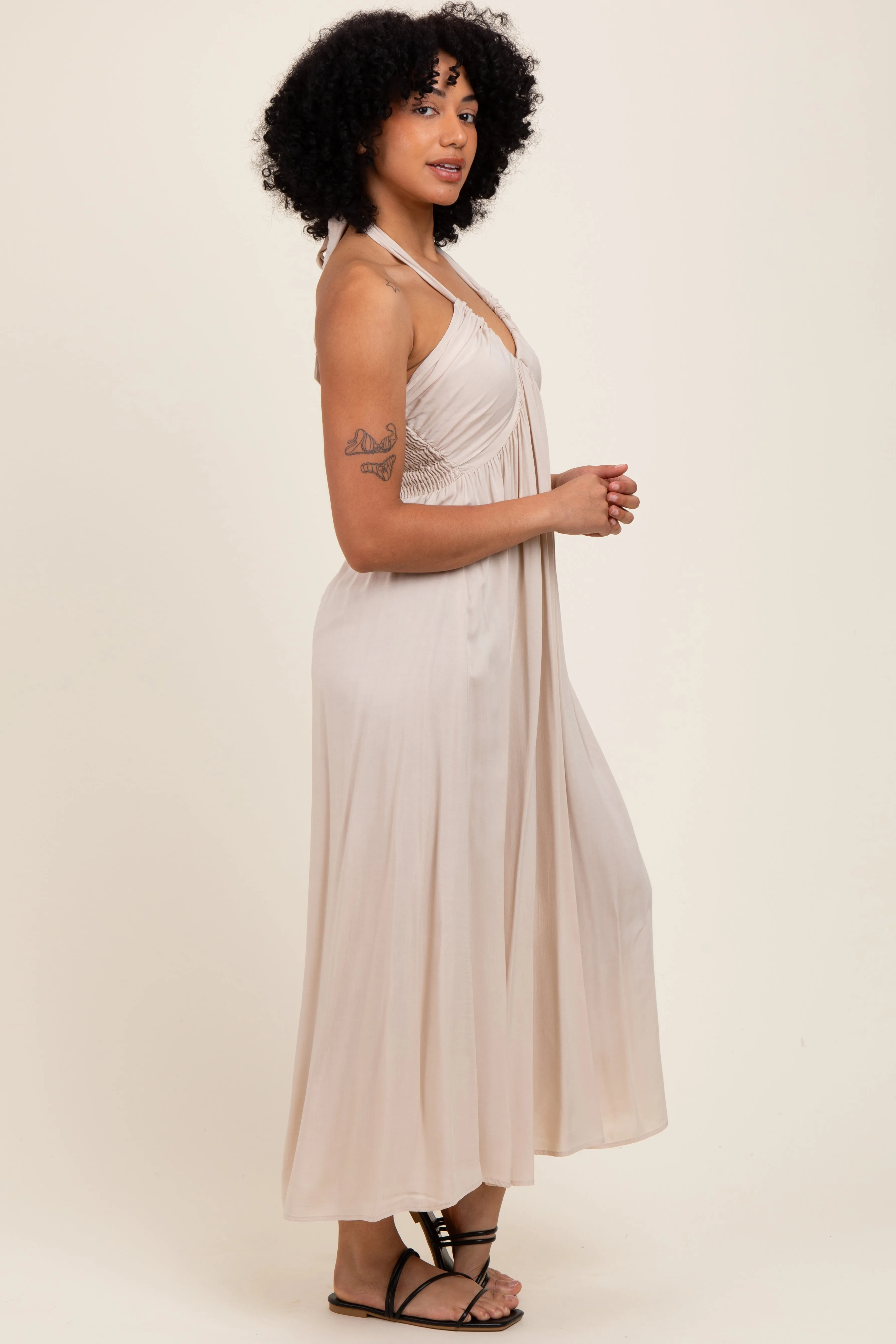 Cream Halter Neck Side Slit Midi Dress sold by Pinkblush product image thumbnail 2