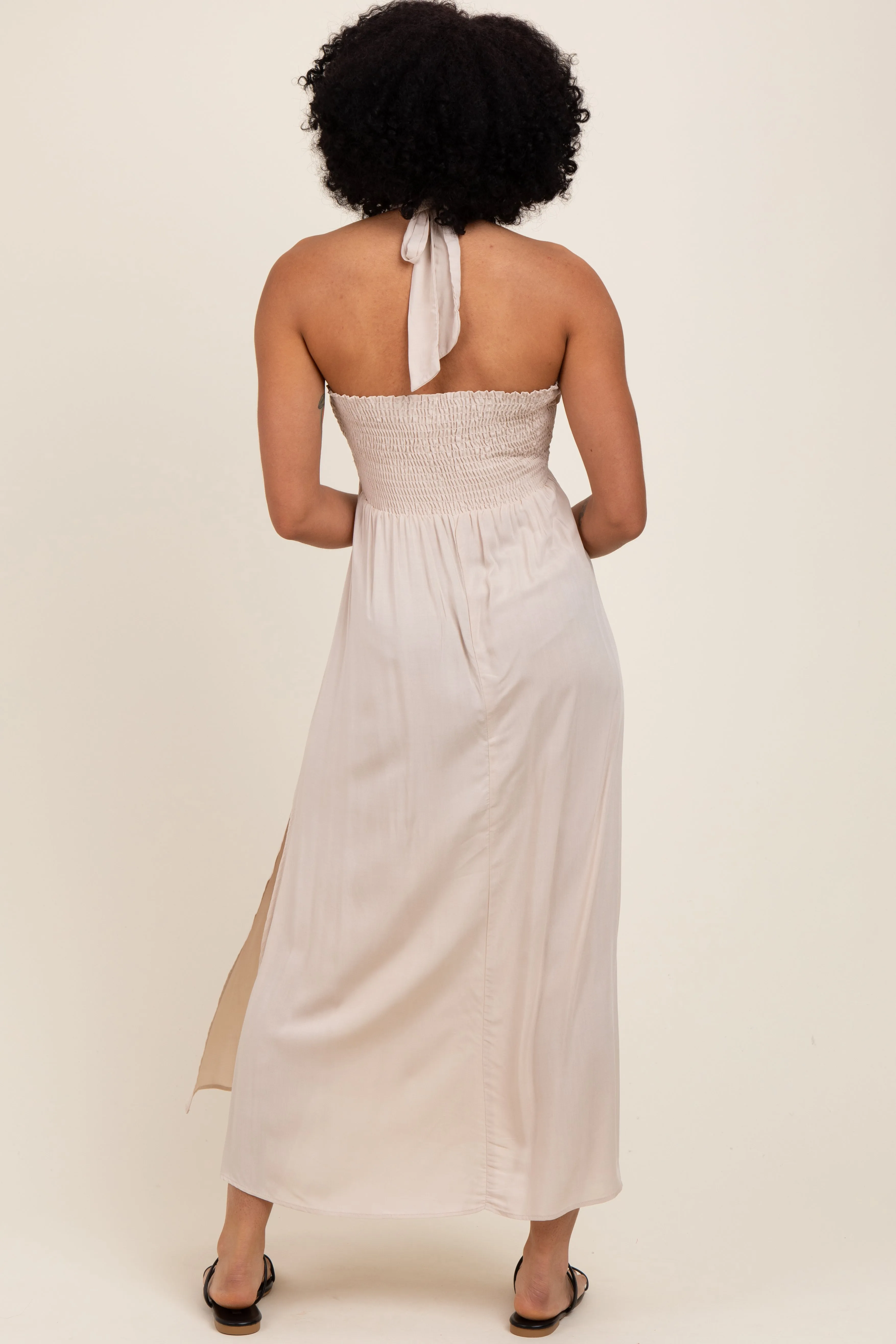 Cream Halter Neck Side Slit Midi Dress sold by Pinkblush product image thumbnail 3