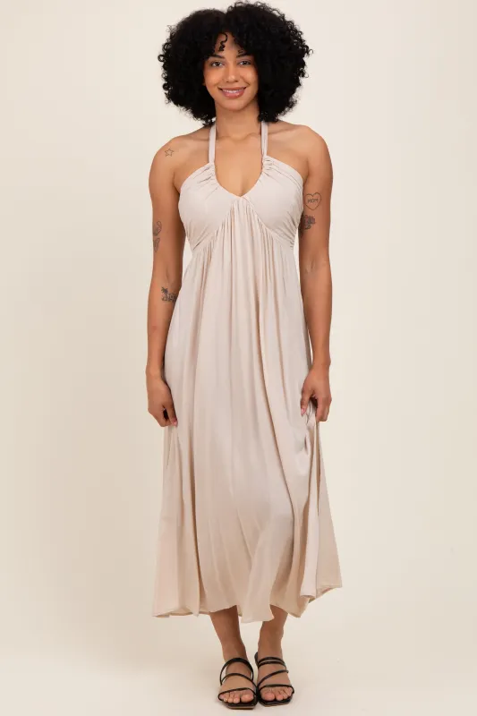 Cream Halter Neck Side Slit Midi Dress sold by Pinkblush