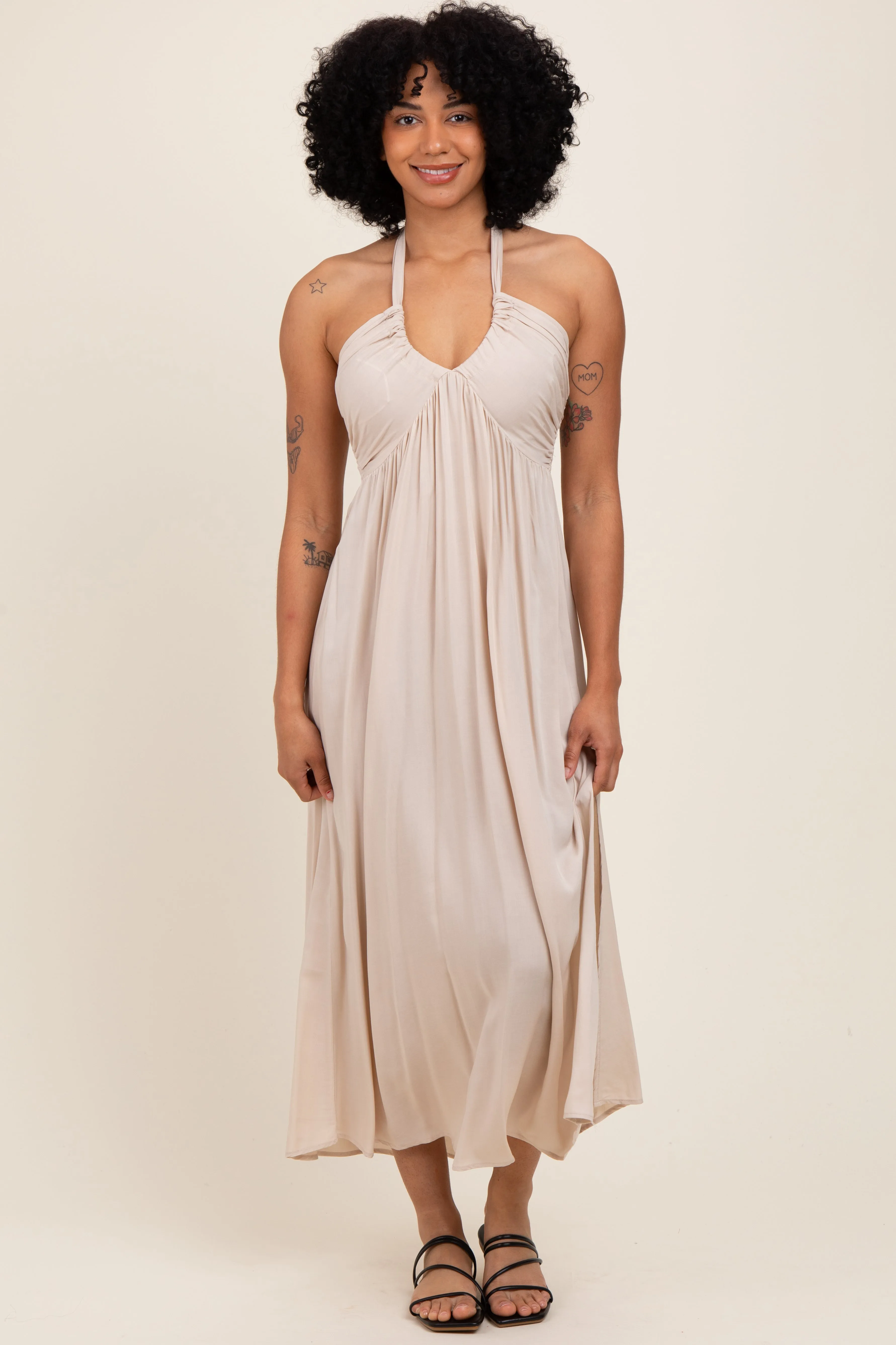 Cream Halter Neck Side Slit Midi Dress sold by Pinkblush