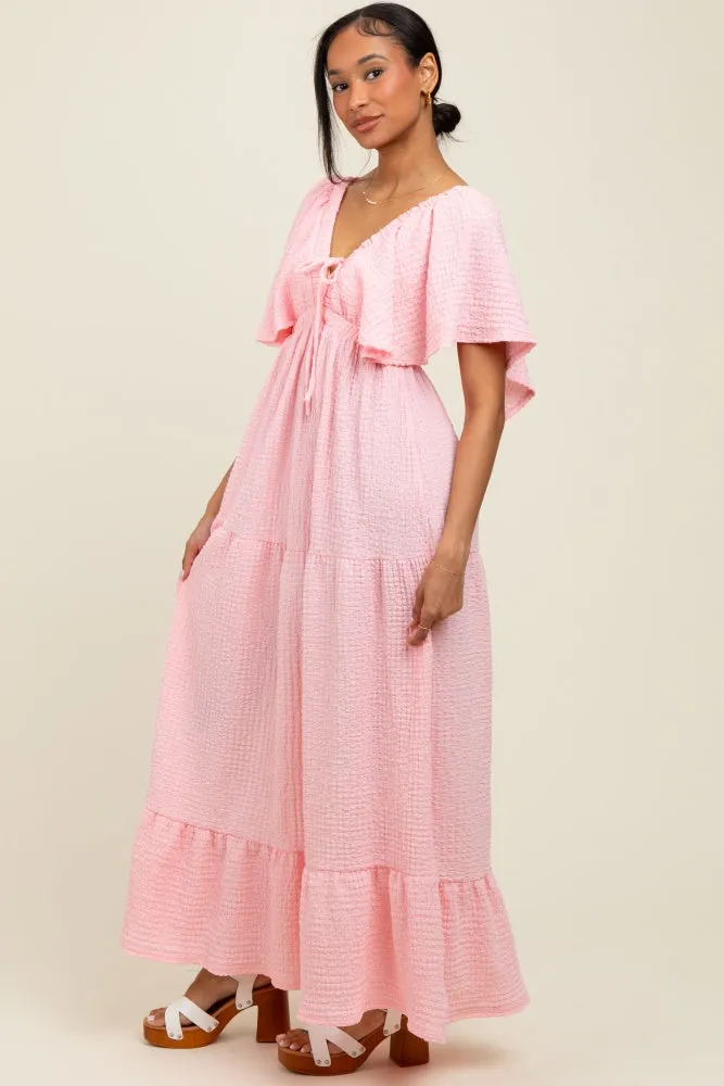 Light Pink Woven Textured Flutter Sleeve V-Neck Tiered Maxi Dress sold by Pinkblush product image thumbnail 3