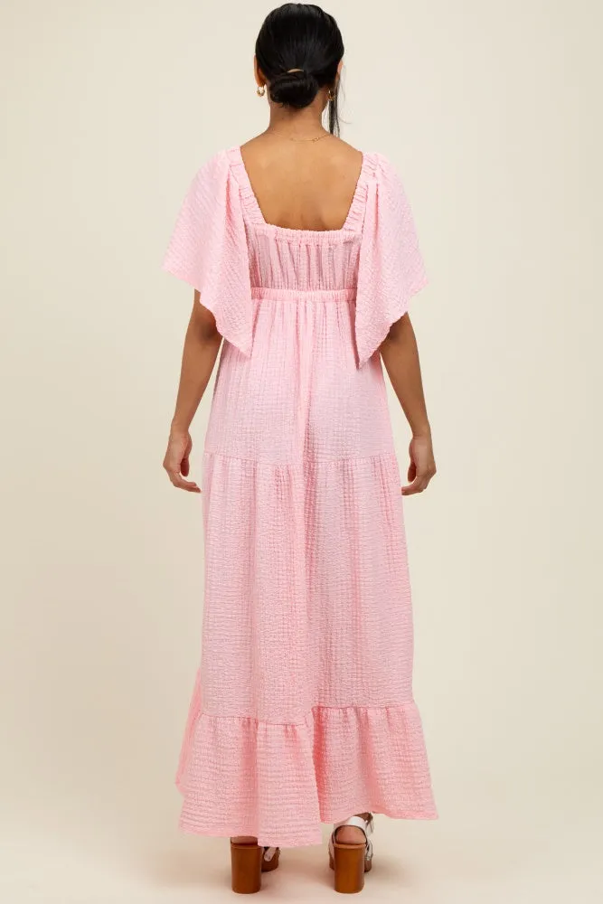 Light Pink Woven Textured Flutter Sleeve V-Neck Tiered Maxi Dress sold by Pinkblush product image thumbnail 4