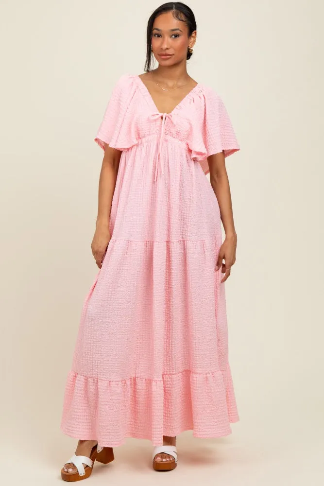 Light Pink Woven Textured Flutter Sleeve V-Neck Tiered Maxi Dress sold by Pinkblush