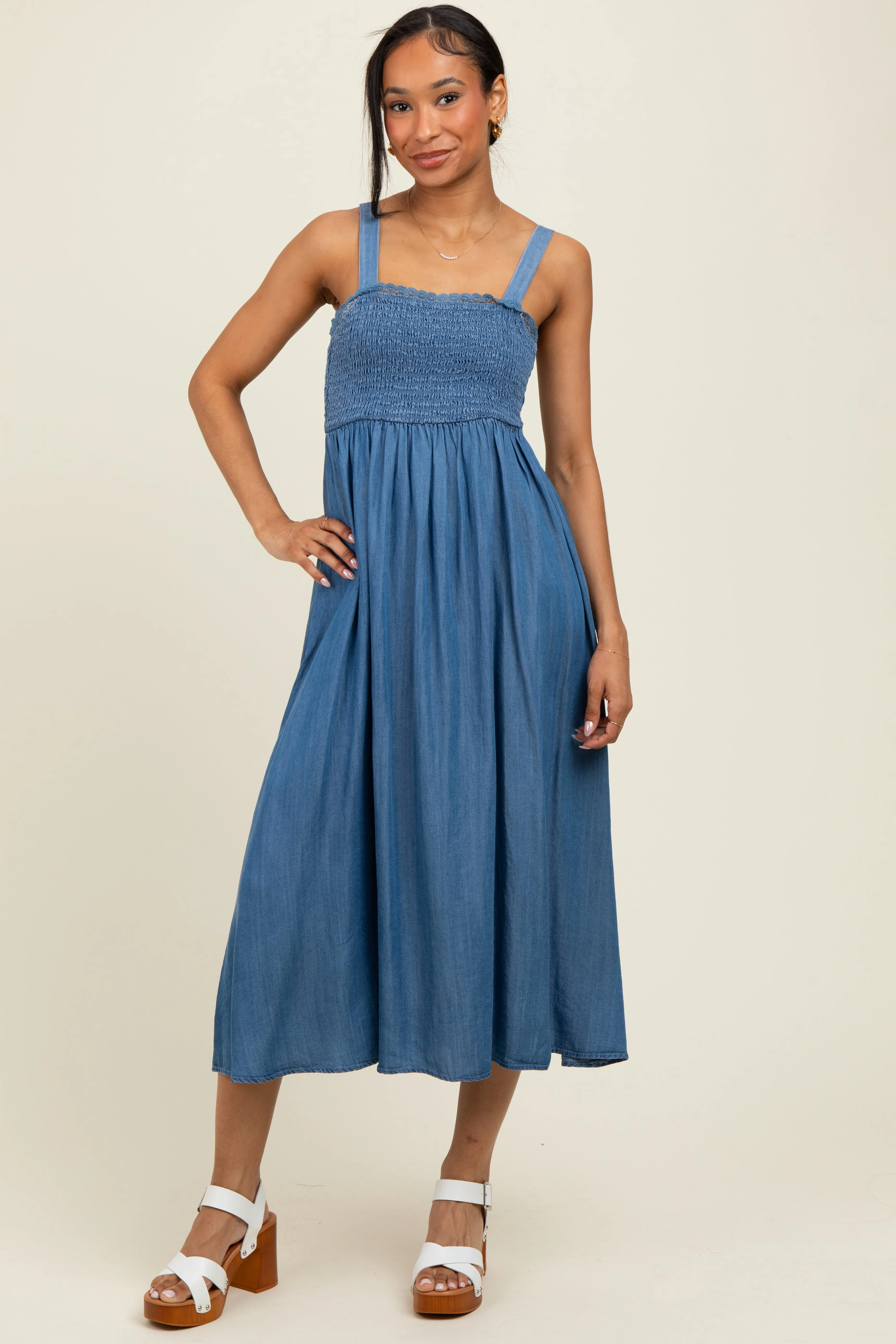 Blue Smocked Chambray Tie Back Cutout Midi Dress sold by Pinkblush product image thumbnail 2
