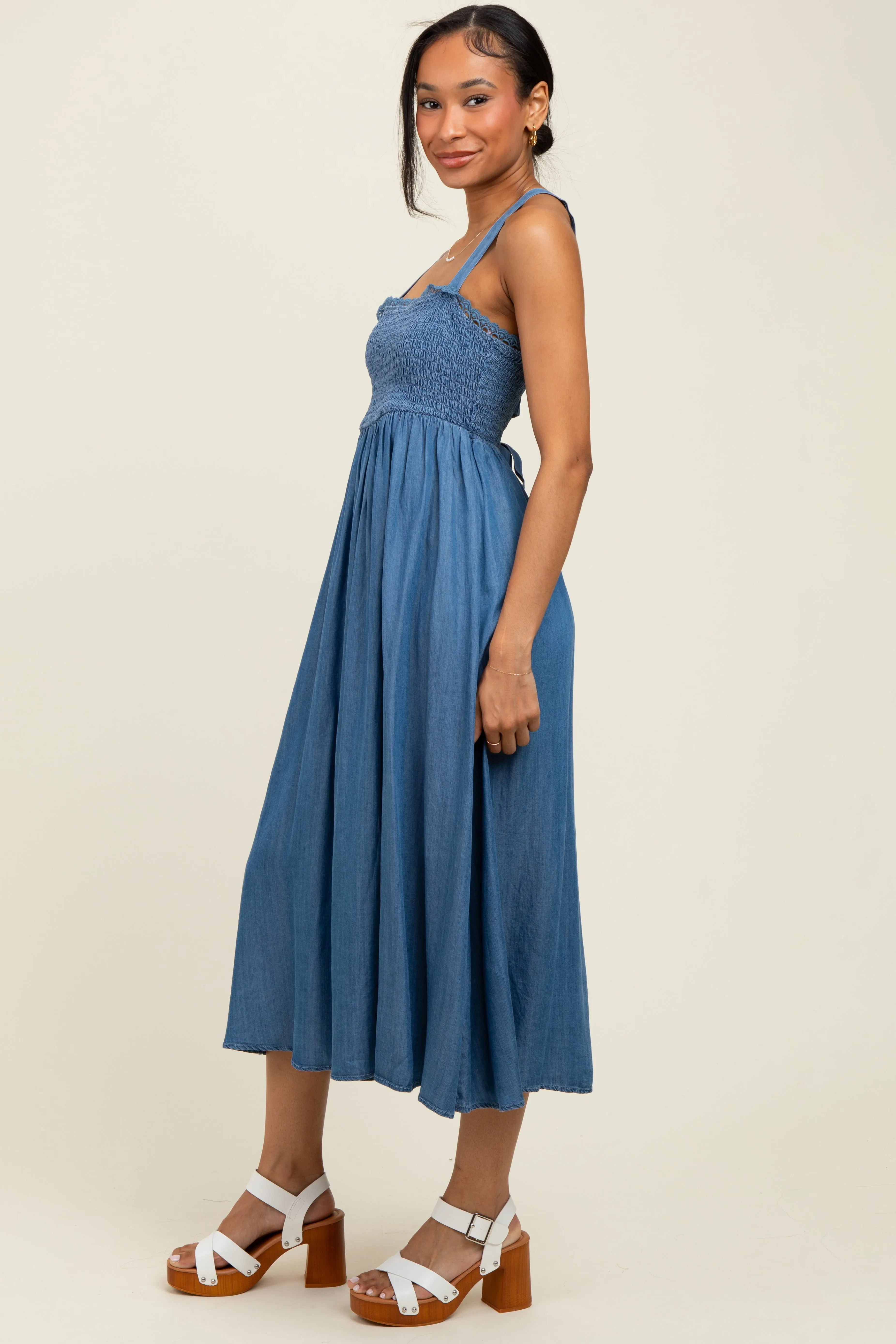 Blue Smocked Chambray Tie Back Cutout Midi Dress sold by Pinkblush product image thumbnail 3
