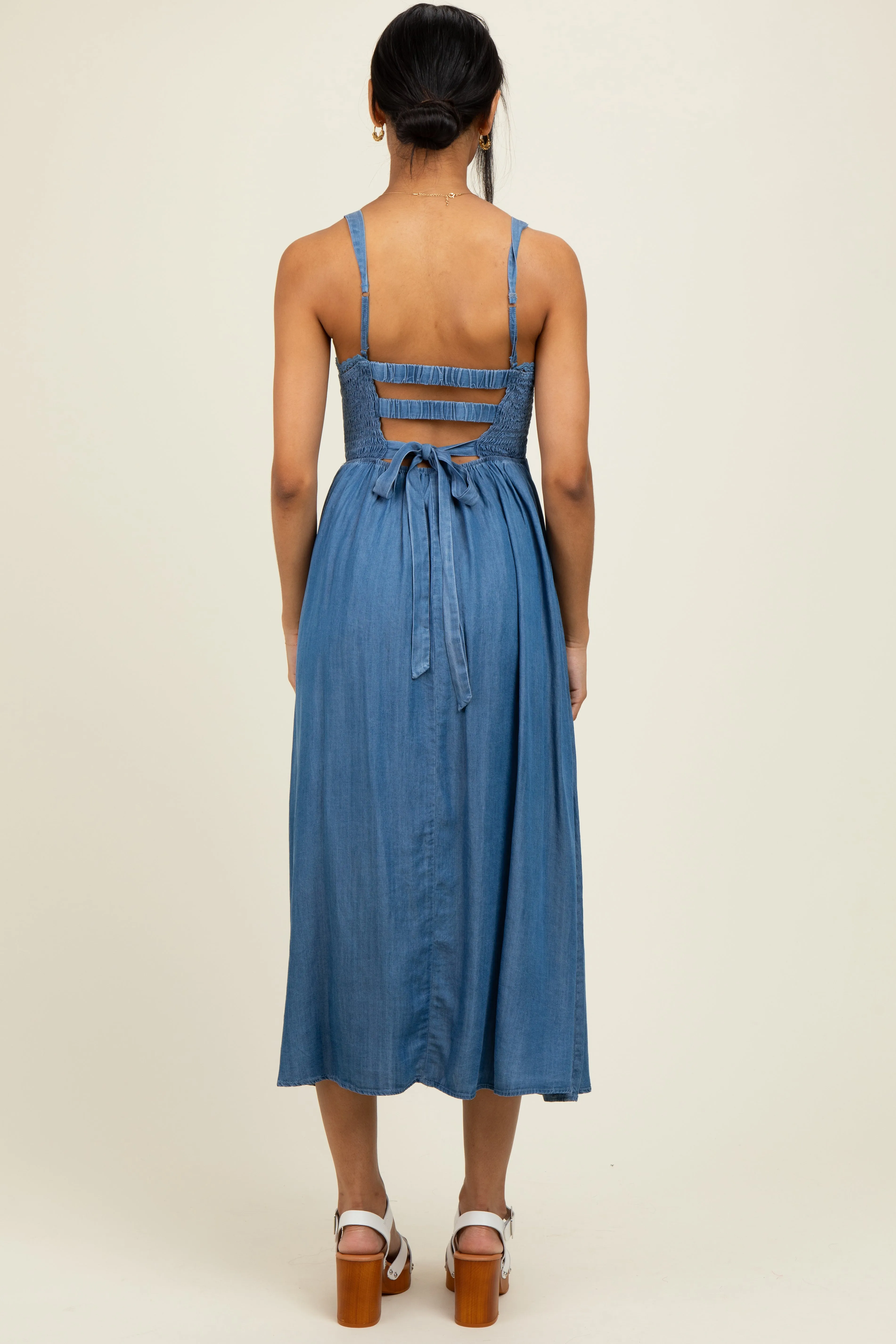Blue Smocked Chambray Tie Back Cutout Midi Dress sold by Pinkblush product image thumbnail 4