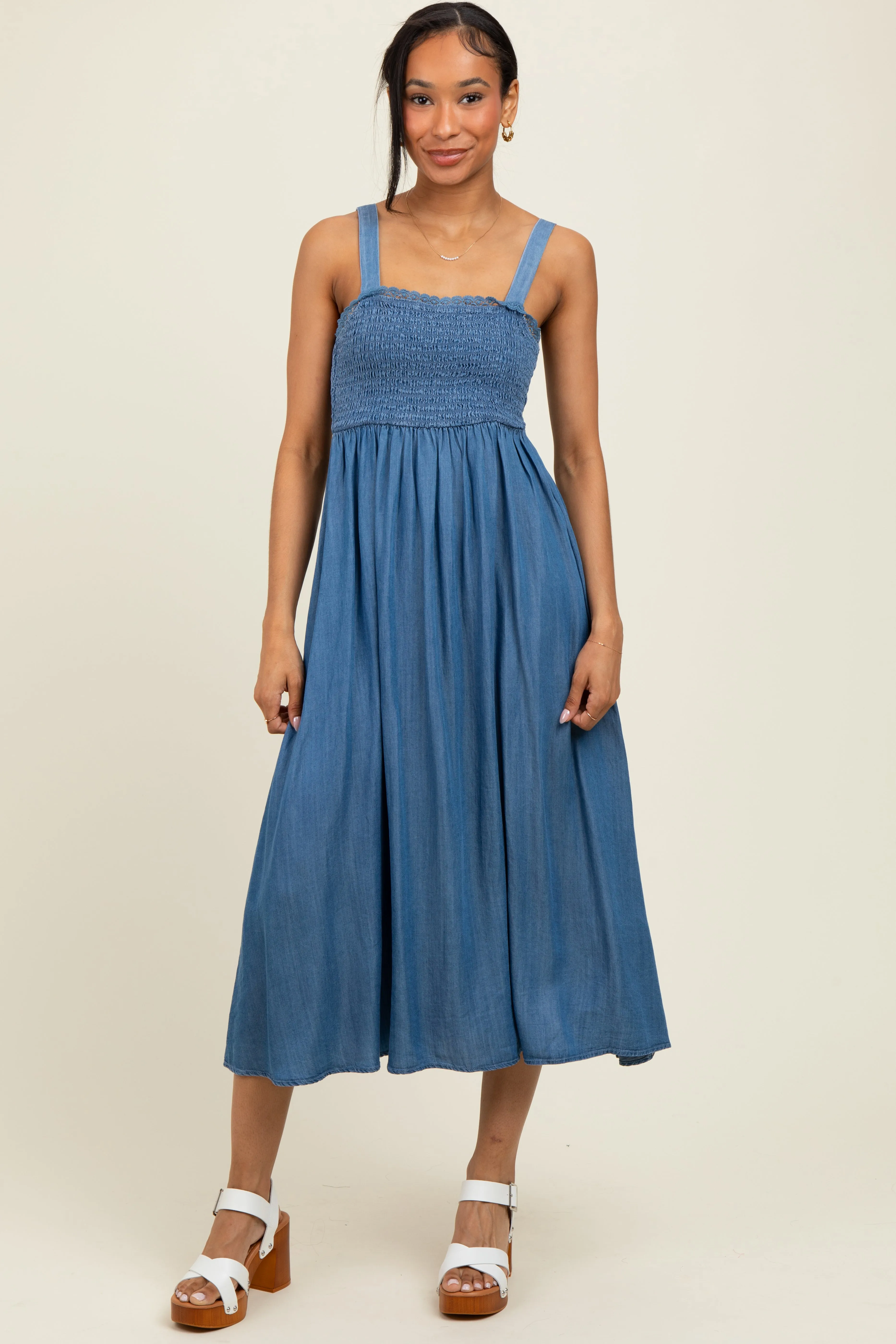 Blue Smocked Chambray Tie Back Cutout Midi Dress sold by Pinkblush