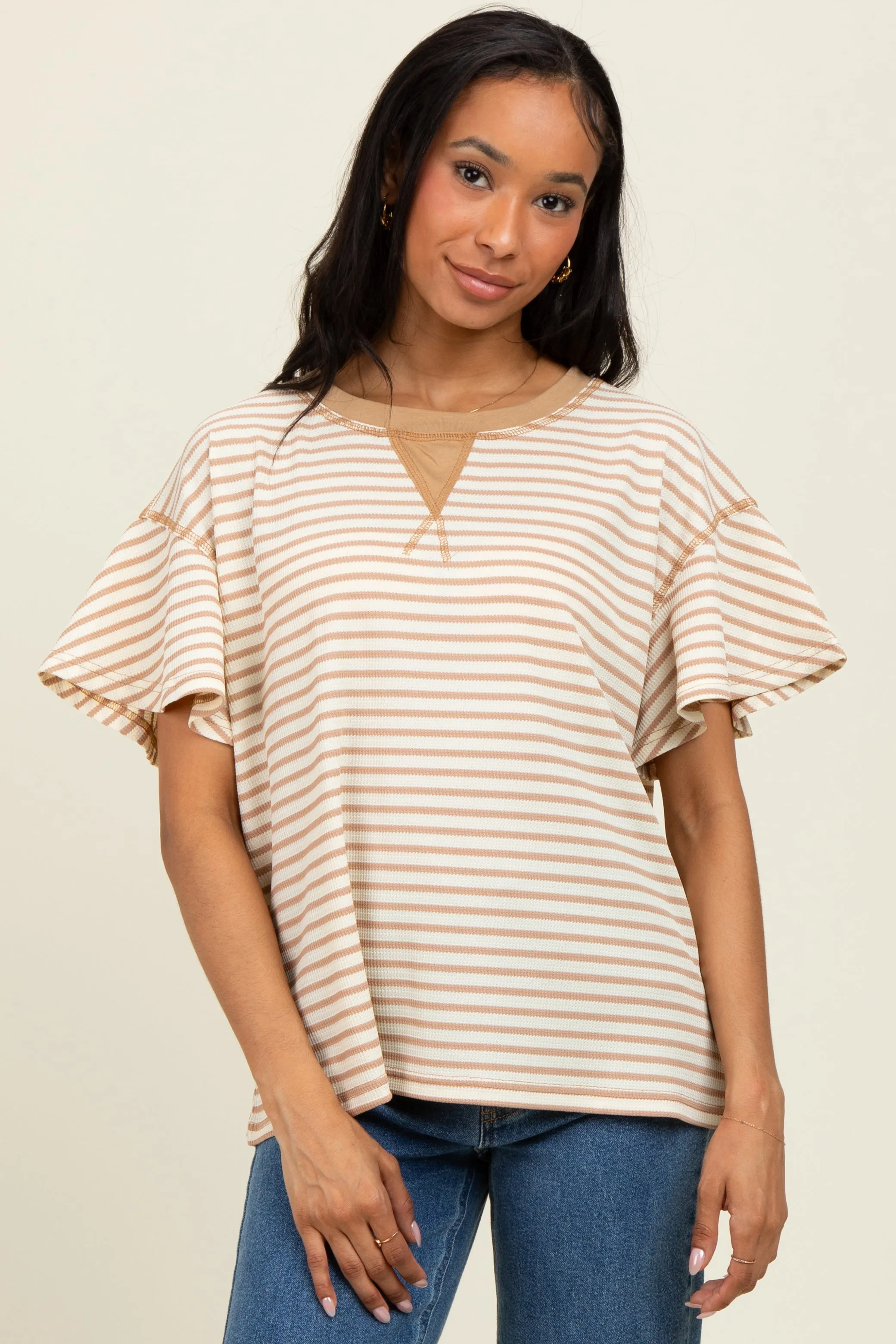 Light Taupe Striped Ribbed Relaxed Short Sleeve Top sold by Pinkblush