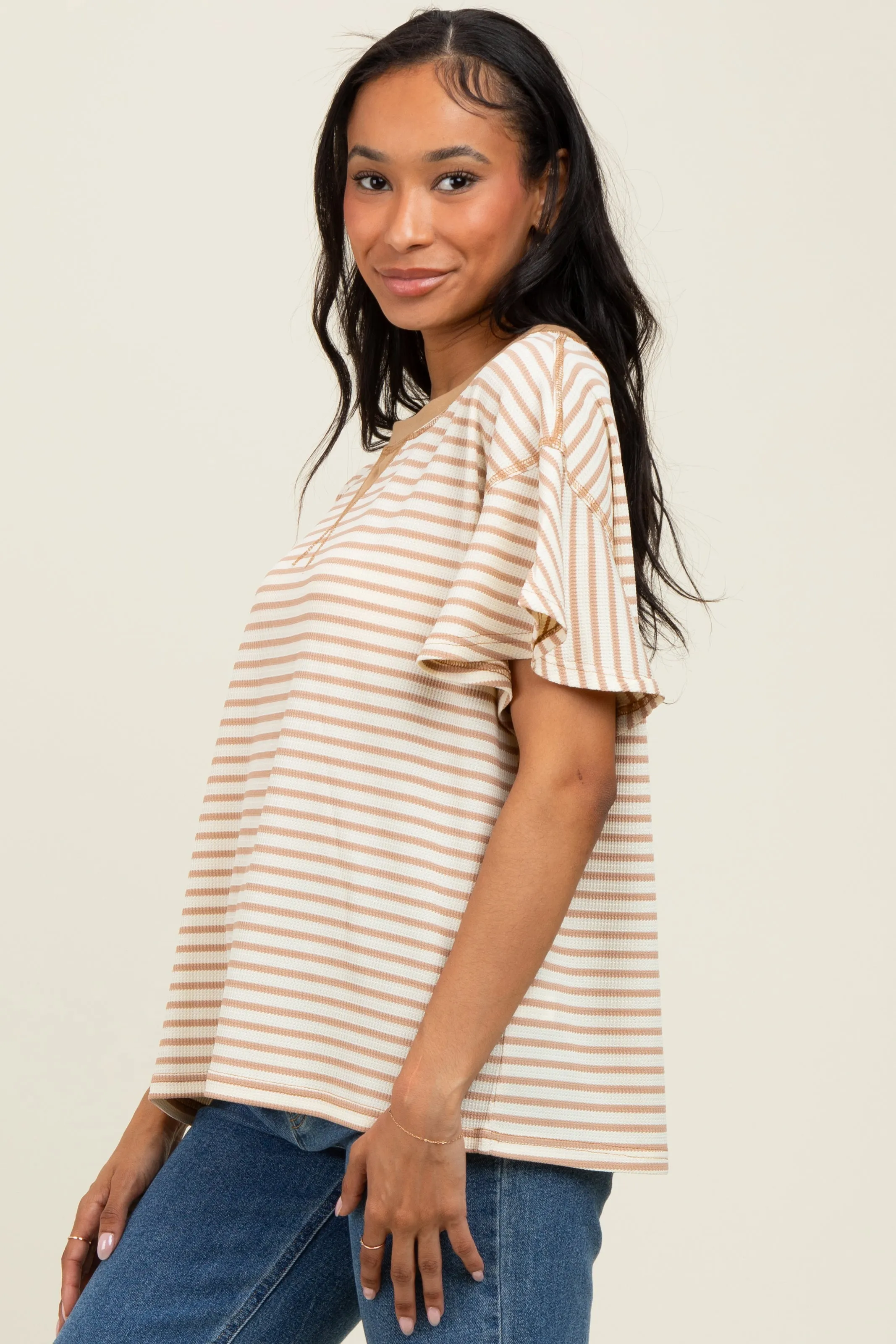 Light Taupe Striped Ribbed Relaxed Short Sleeve Top sold by Pinkblush product image thumbnail 3