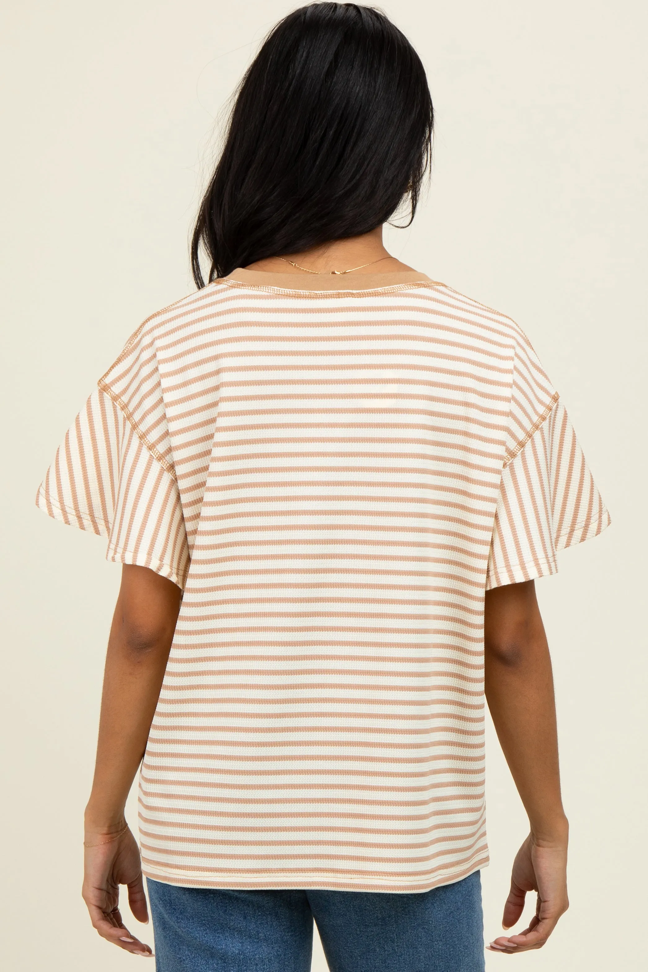 Light Taupe Striped Ribbed Relaxed Short Sleeve Top sold by Pinkblush product image thumbnail 4