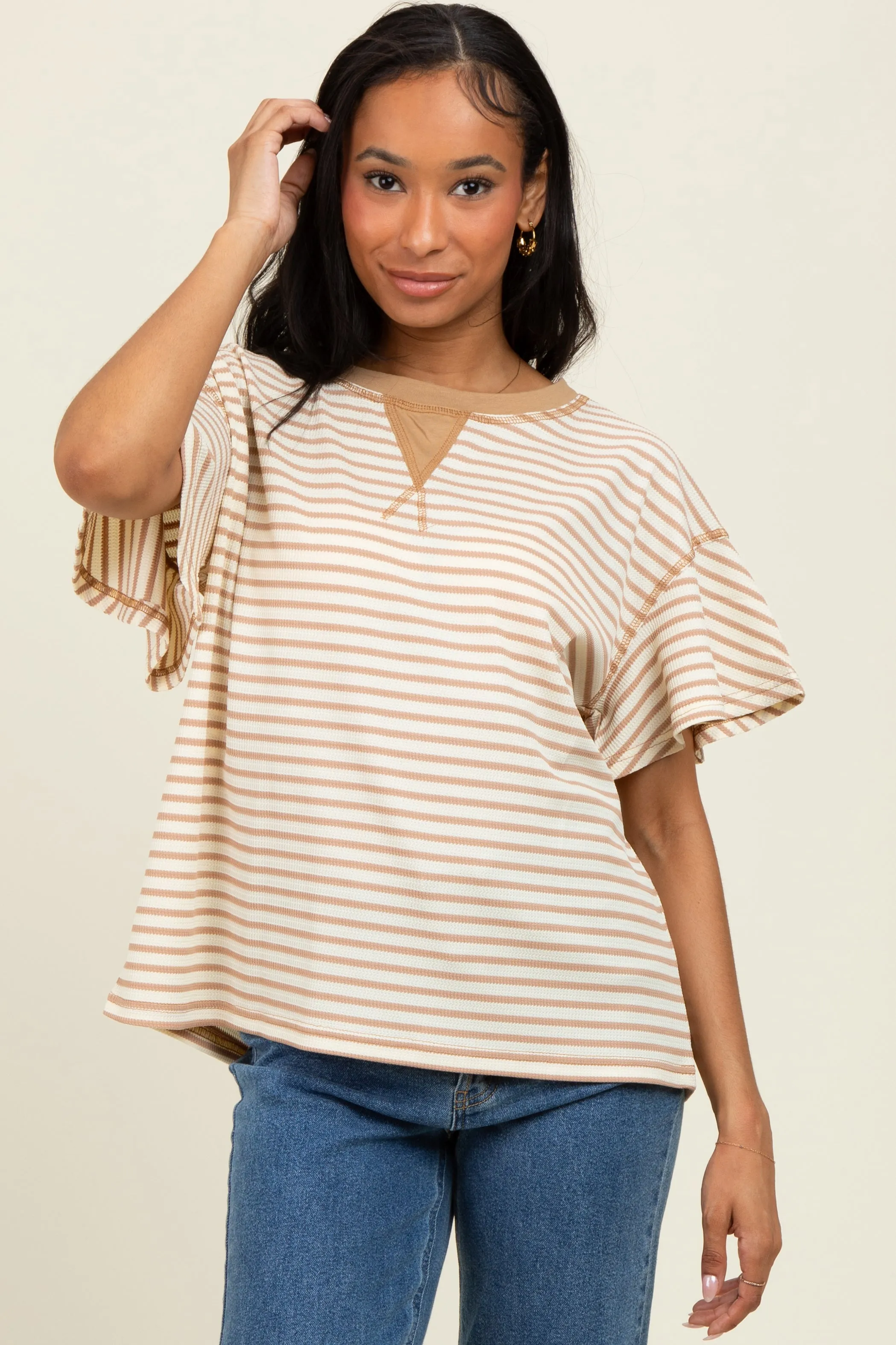 Light Taupe Striped Ribbed Relaxed Short Sleeve Top sold by Pinkblush product image thumbnail 2