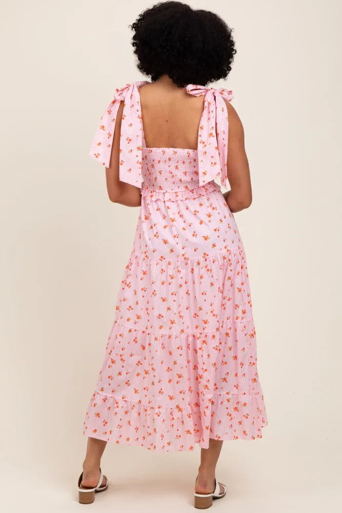 Light Pink Floral Striped Smocked Shoulder Tie Maxi Dress sold by Pinkblush product image thumbnail 3