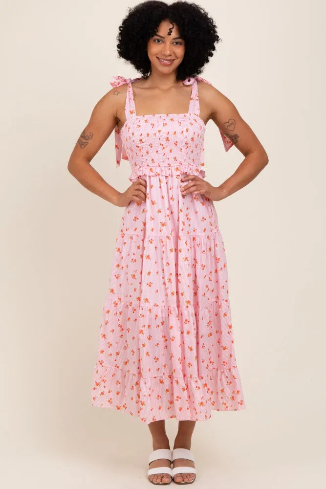 Light Pink Floral Striped Smocked Shoulder Tie Maxi Dress sold by Pinkblush