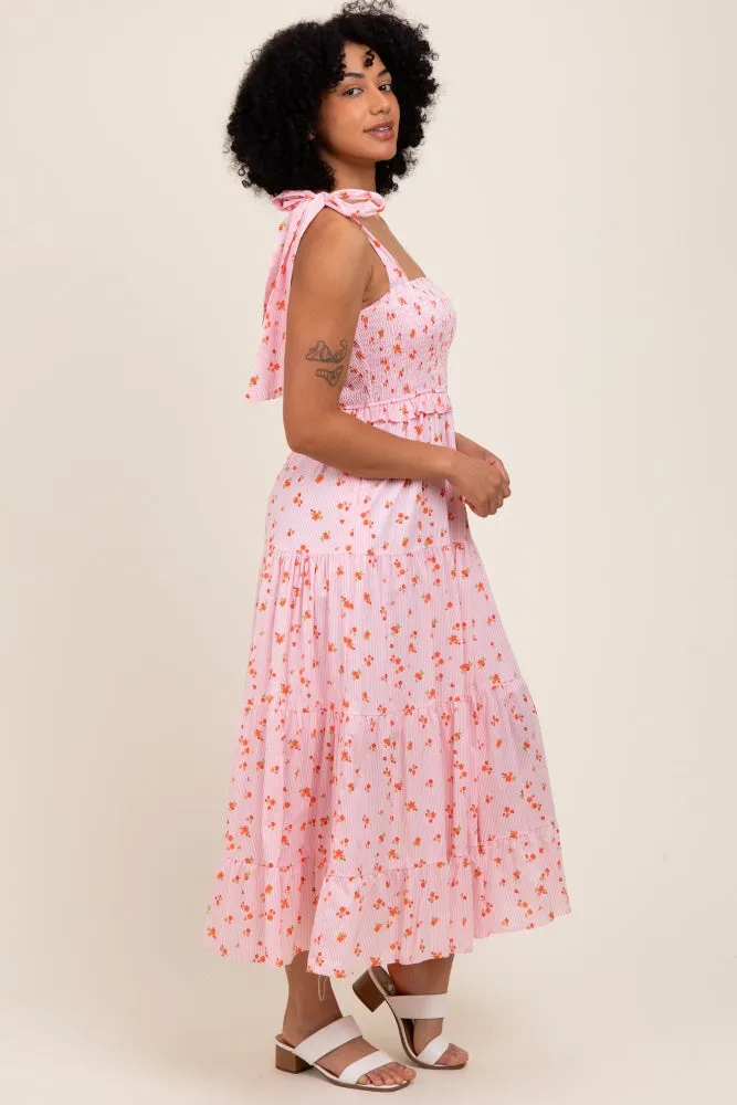 Light Pink Floral Striped Smocked Shoulder Tie Maxi Dress sold by Pinkblush product image thumbnail 2