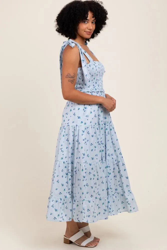 Light Blue Floral Striped Smocked Shoulder Tie Maxi Dress sold by Pinkblush product image thumbnail 2