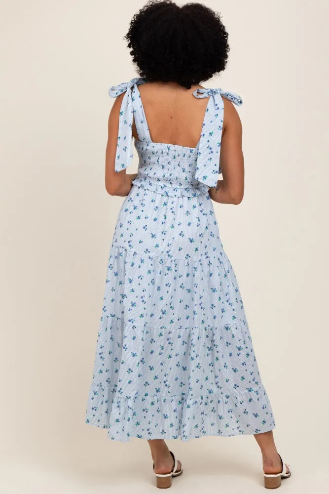 Light Blue Floral Striped Smocked Shoulder Tie Maxi Dress sold by Pinkblush product image thumbnail 3