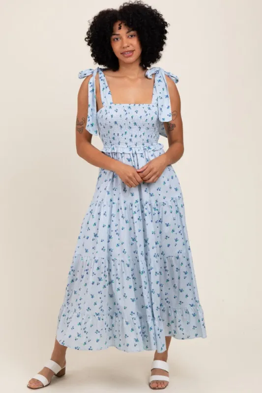 Light Blue Floral Striped Smocked Shoulder Tie Maxi Dress sold by Pinkblush