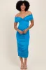 Blue Knotted Off Shoulder Ruched Maternity Midi Dress sold by Pinkblush