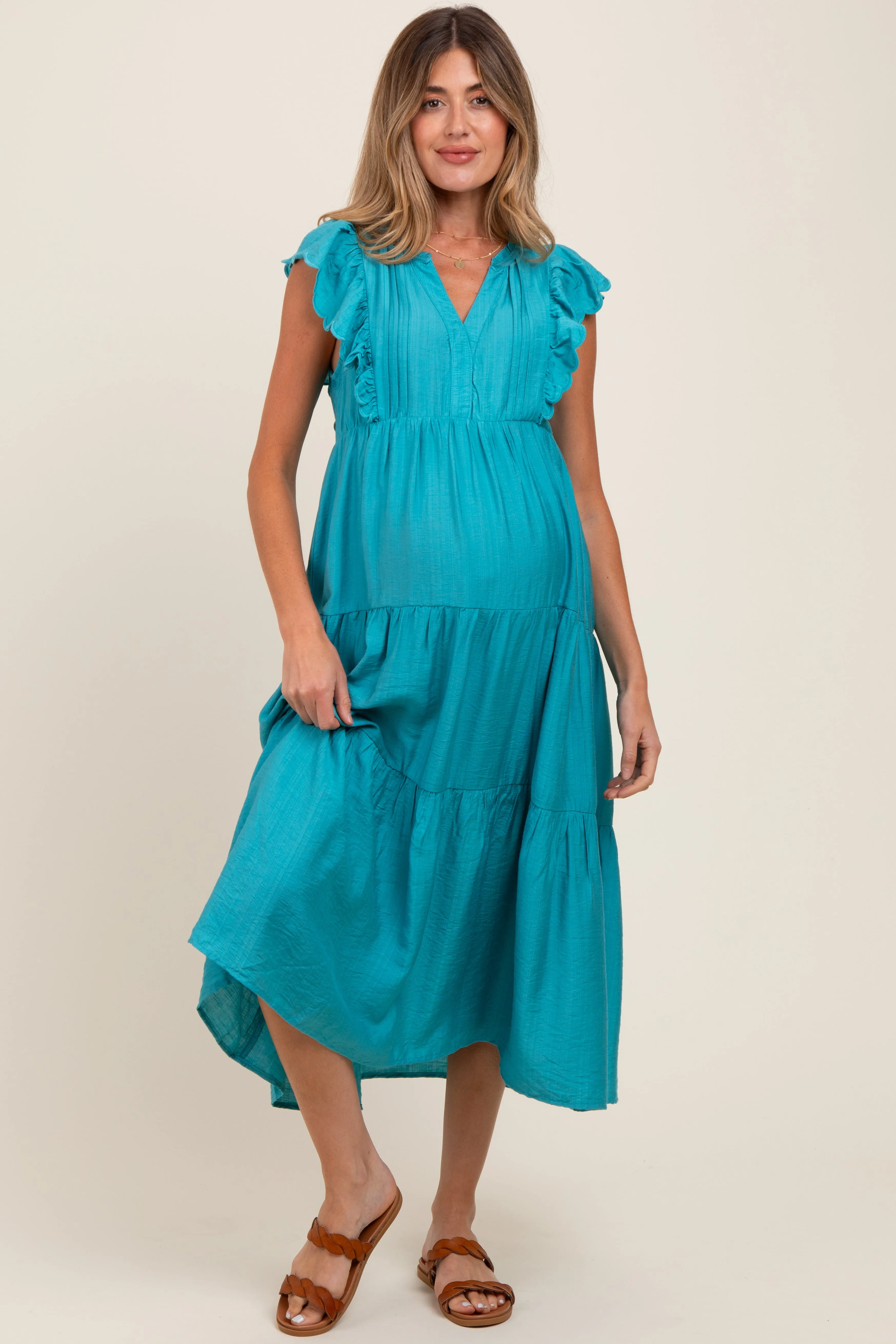 Aqua Ruffle Sleeve Tiered Maternity Midi Dress sold by Pinkblush