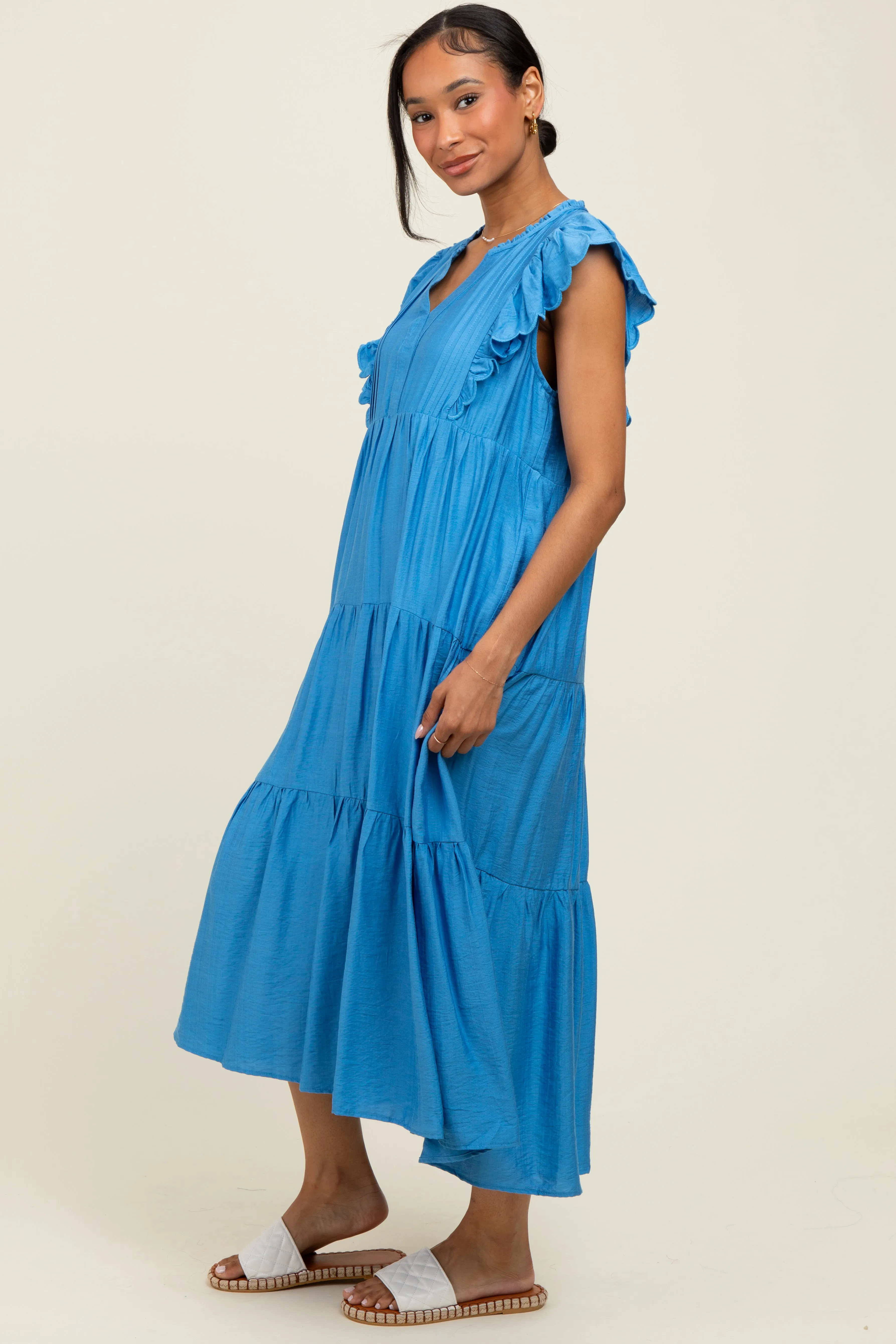Blue Ruffle Sleeve Tiered Midi Dress sold by Pinkblush product image thumbnail 2