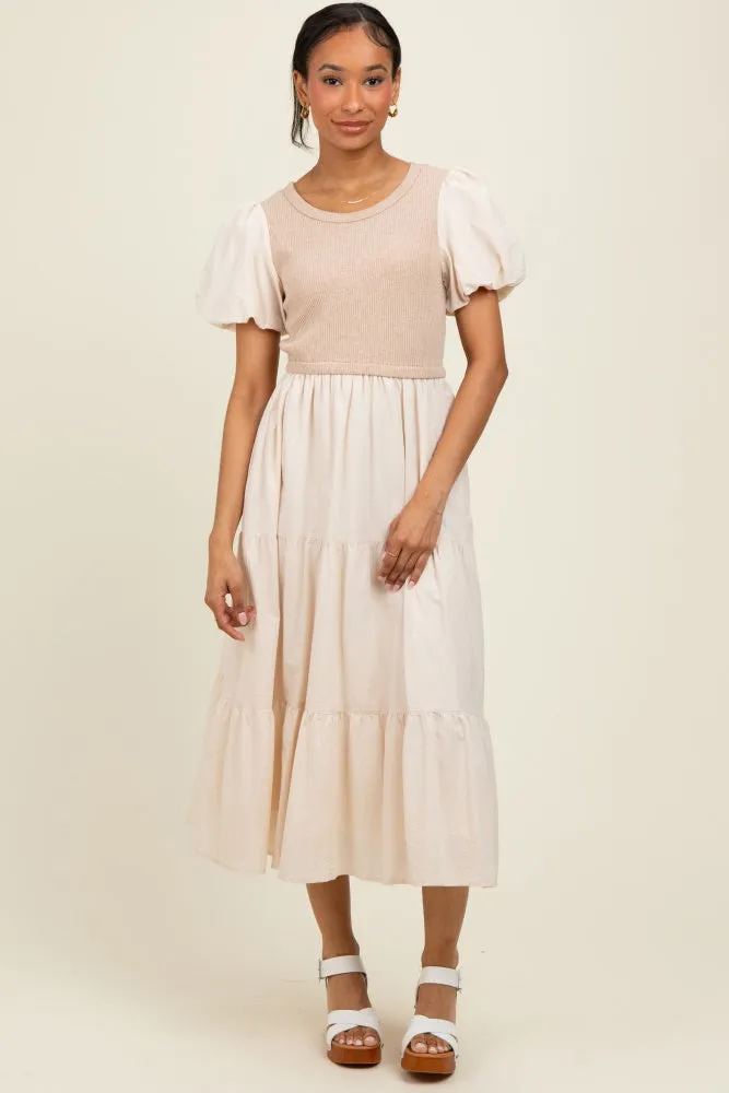 Cream Knit Mixed Tiered Midi Dress sold by Pinkblush