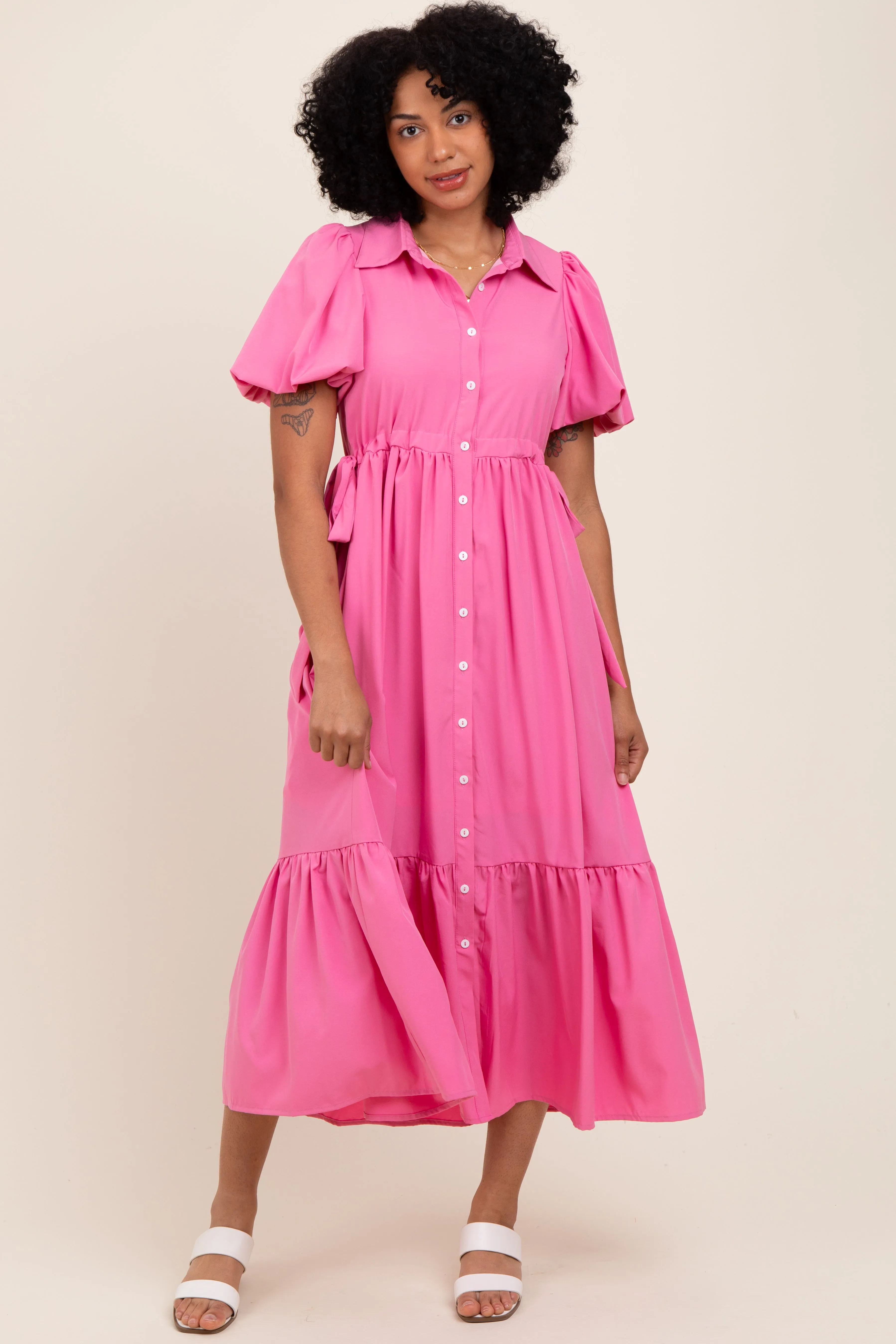 Pink Puff Sleeve Side Tie Maternity Midi Shirt Dress sold by Pinkblush product image thumbnail 5