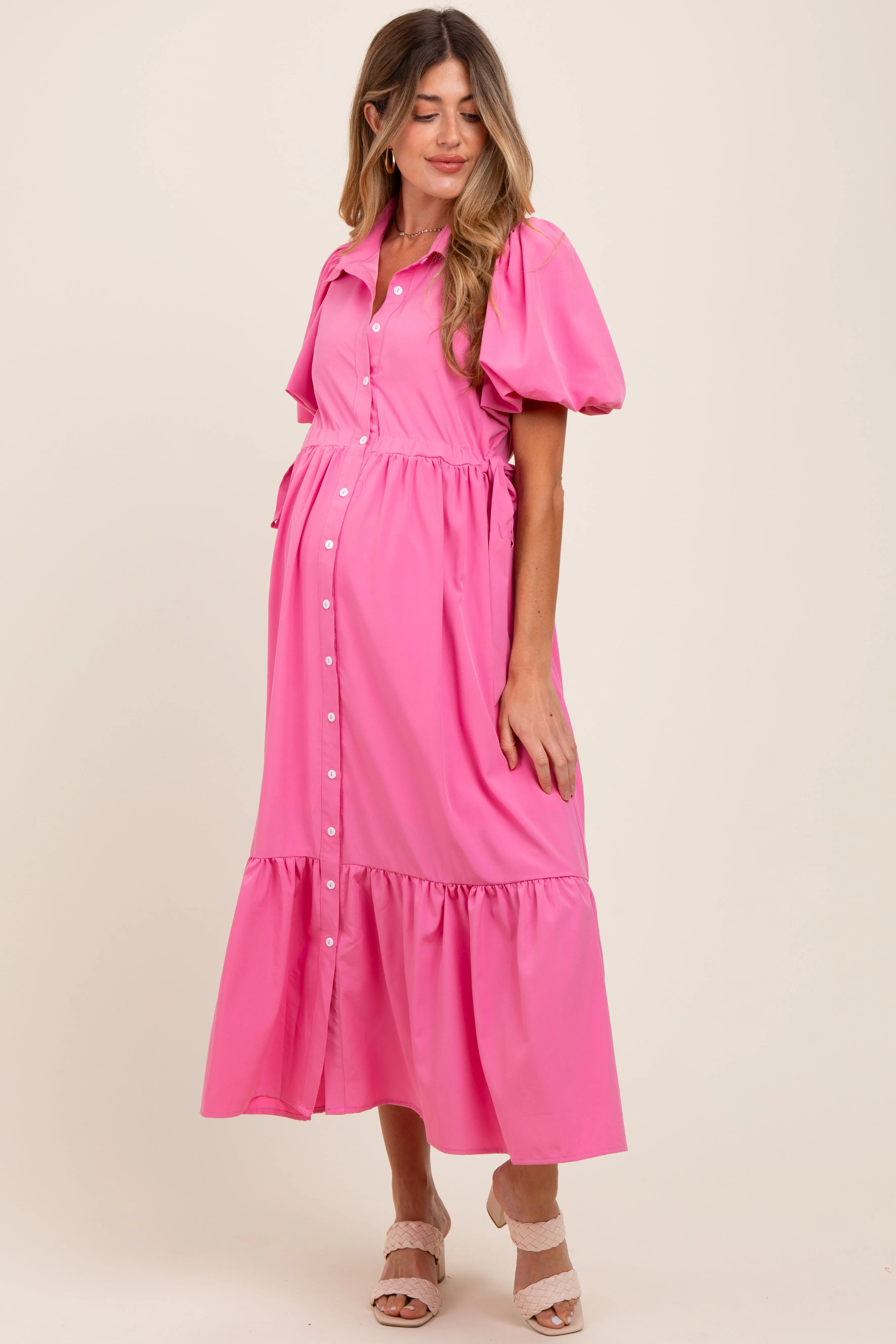 Pink Puff Sleeve Side Tie Maternity Midi Shirt Dress sold by Pinkblush product image thumbnail 2