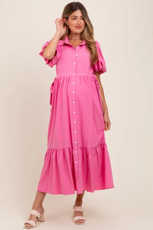 Pink Puff Sleeve Side Tie Maternity Midi Shirt Dress sold by Pinkblush