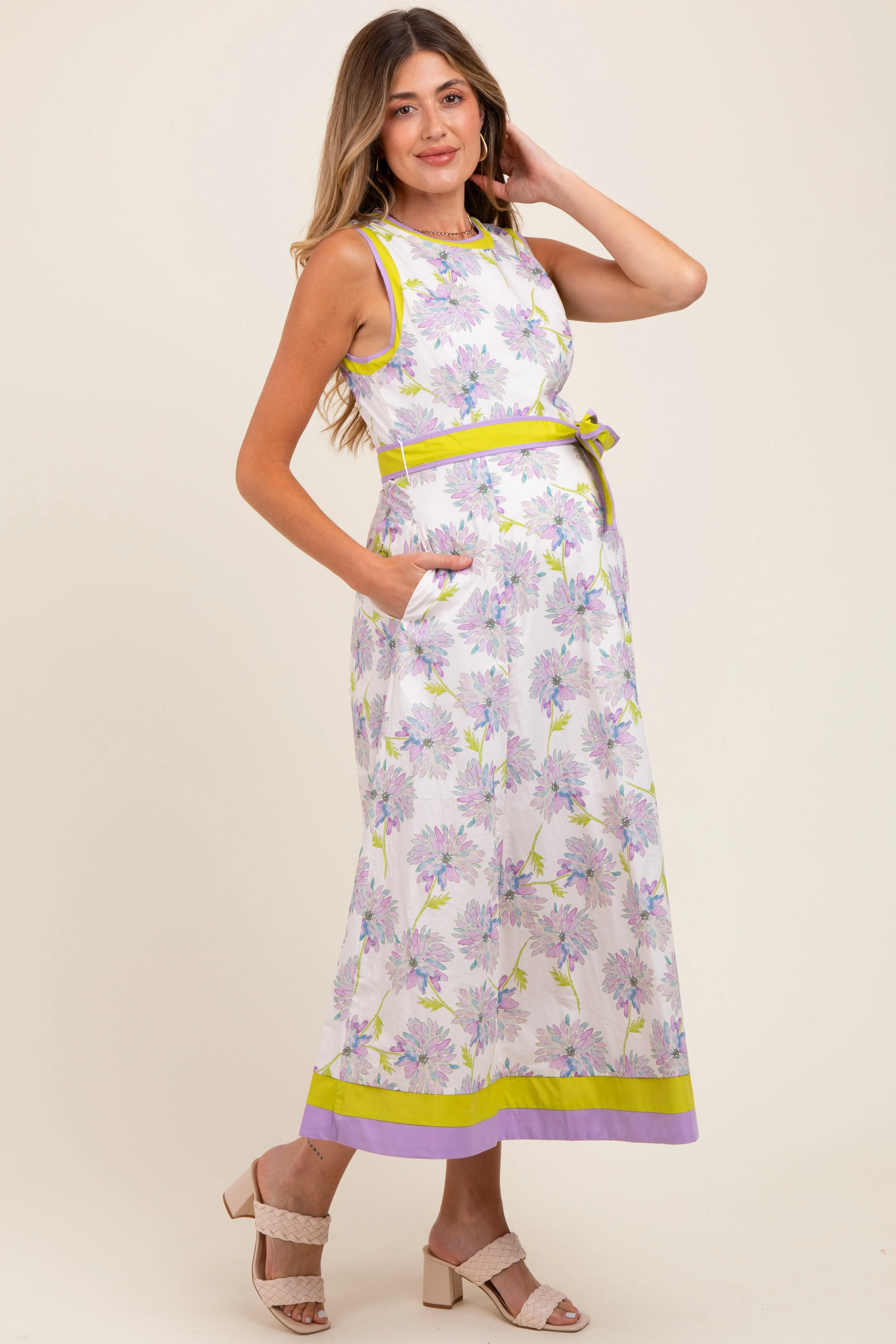 Lavender Floral Sleeveless Sash Tie Maternity Midi Dress sold by Pinkblush product image thumbnail 2