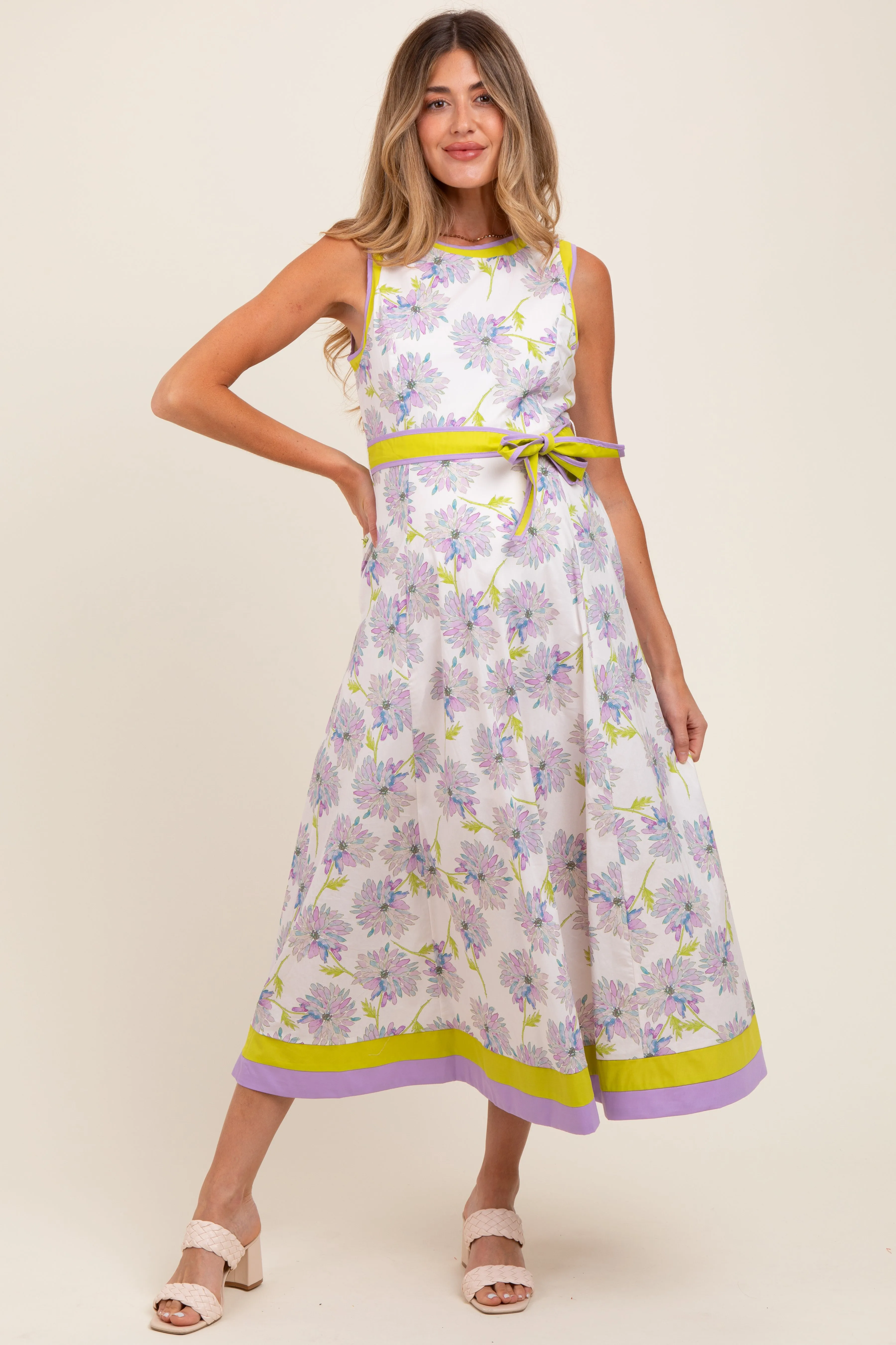 Lavender Floral Sleeveless Sash Tie Maternity Midi Dress sold by Pinkblush