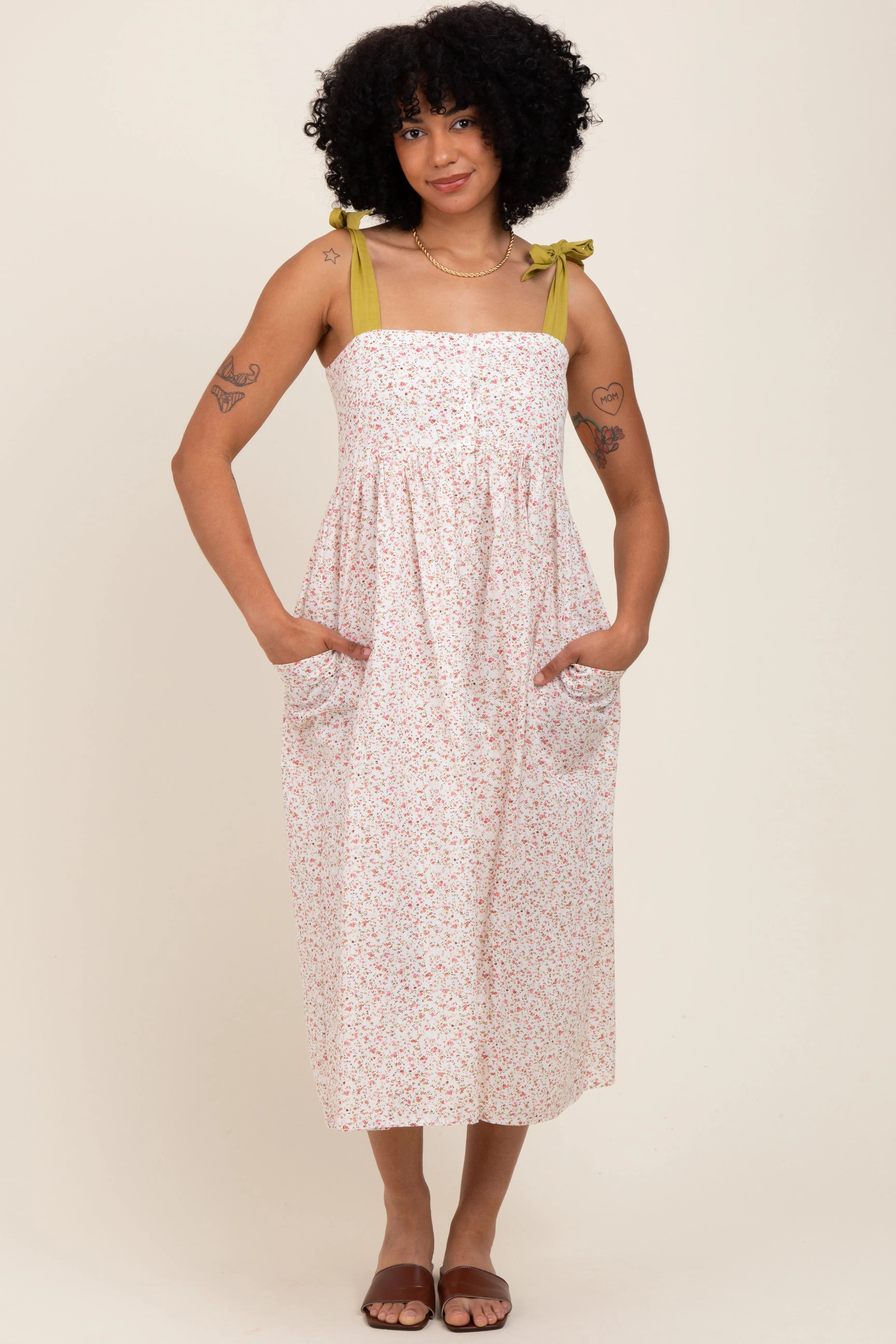Cream Floral Shoulder Tie Button Down Midi Dress sold by Pinkblush