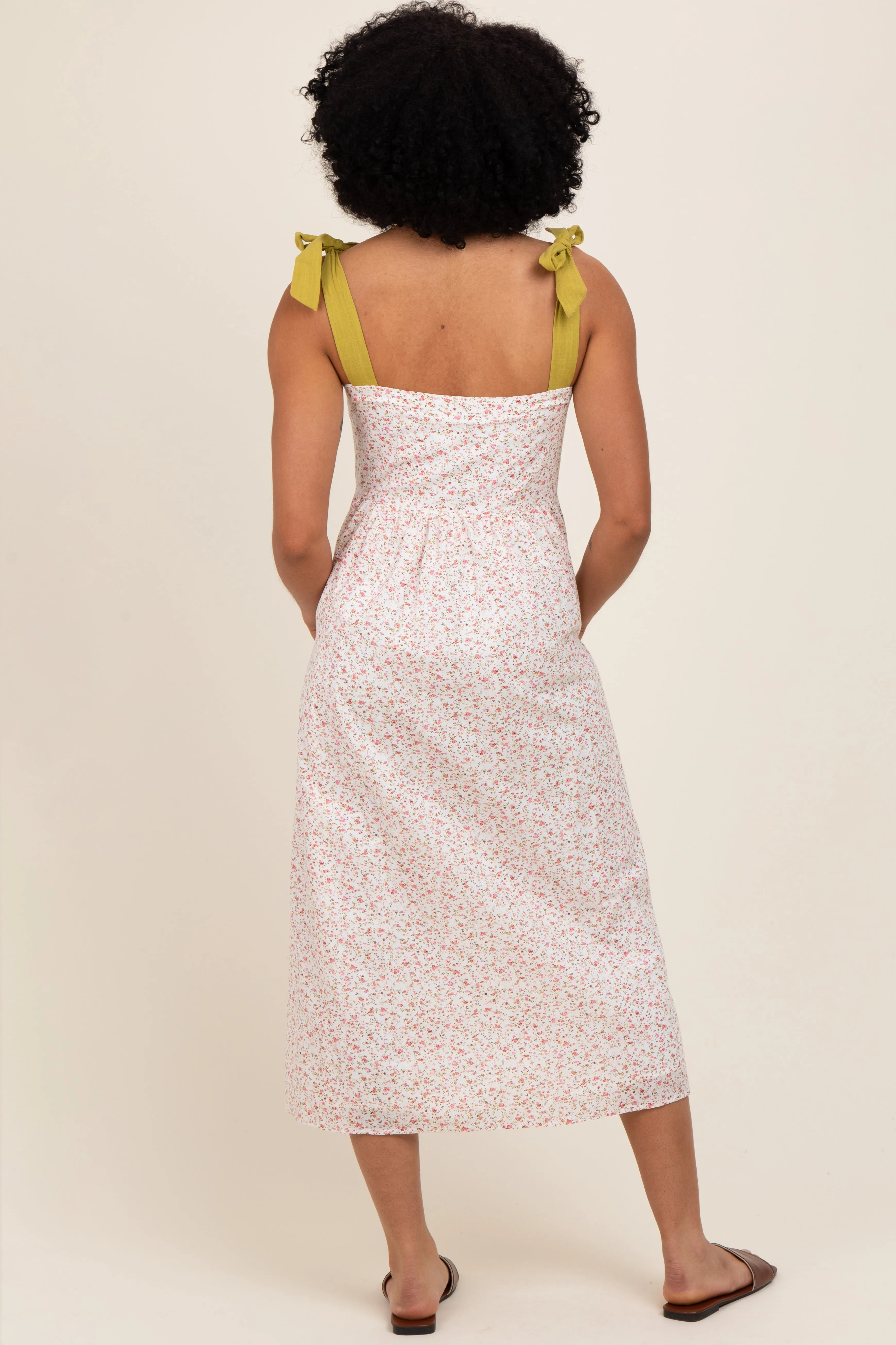 Cream Floral Shoulder Tie Button Down Midi Dress sold by Pinkblush product image thumbnail 2