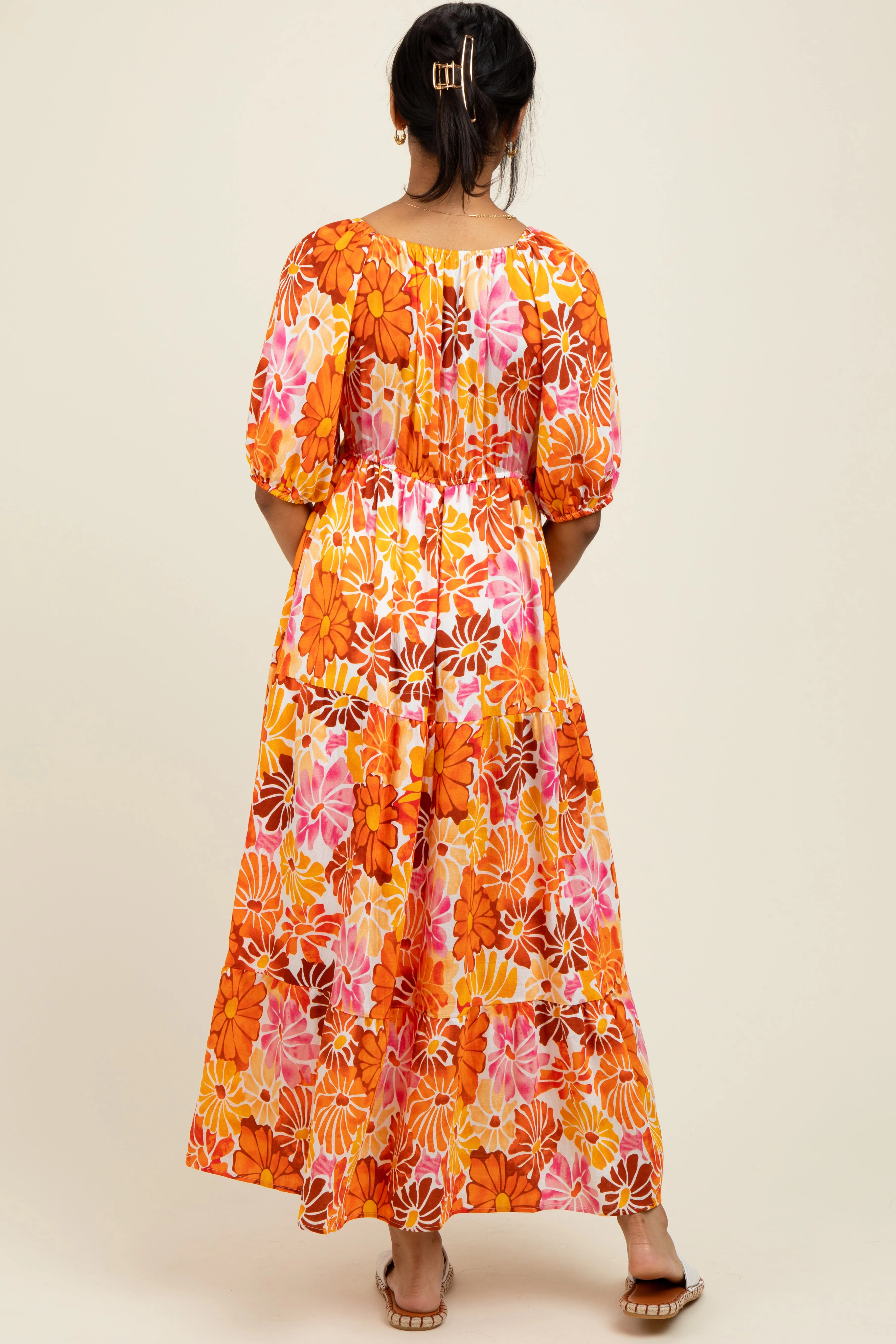 Orange Floral Tiered Puff Sleeve Midi Dress sold by Pinkblush product image thumbnail 3