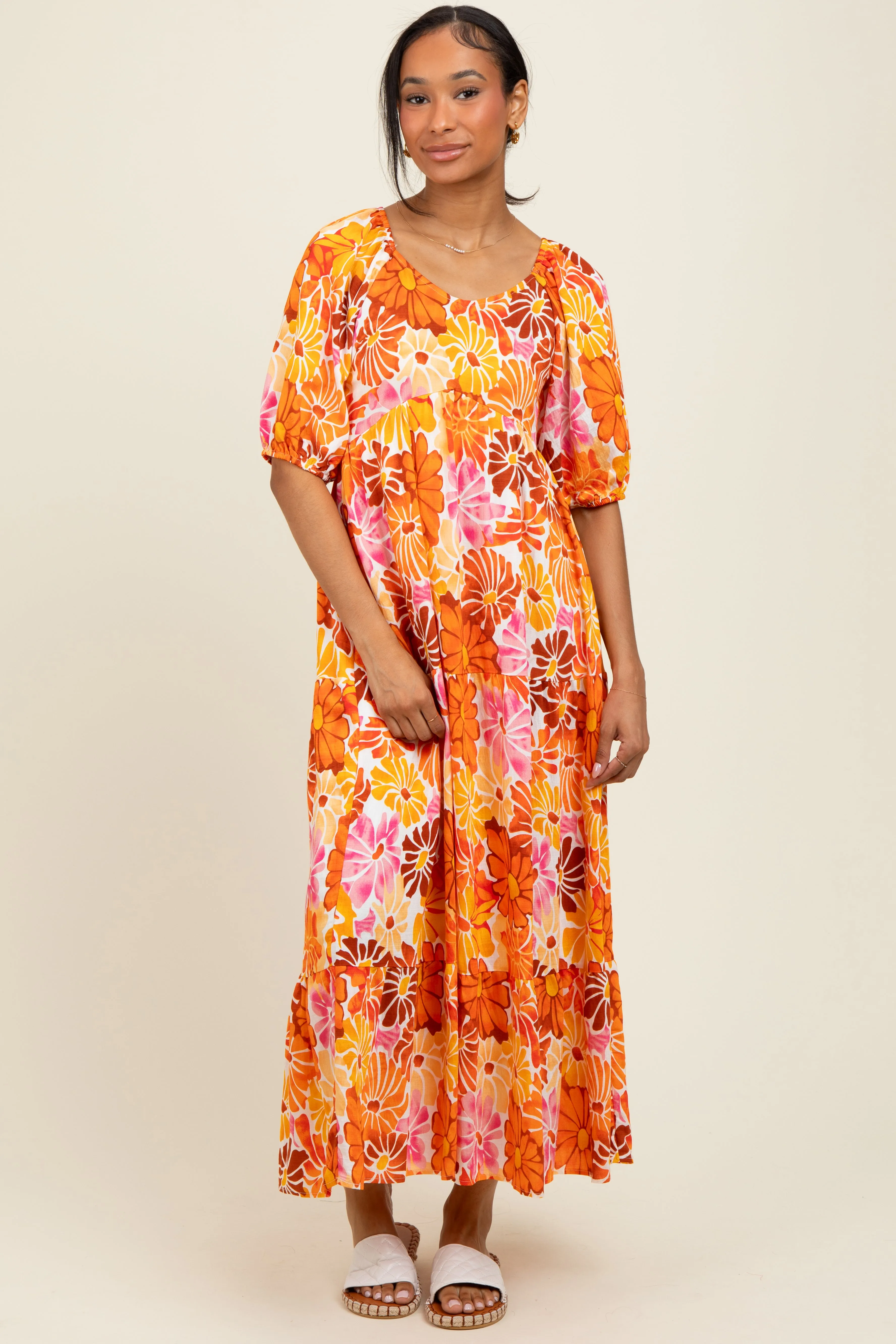 Orange Floral Tiered Puff Sleeve Midi Dress sold by Pinkblush
