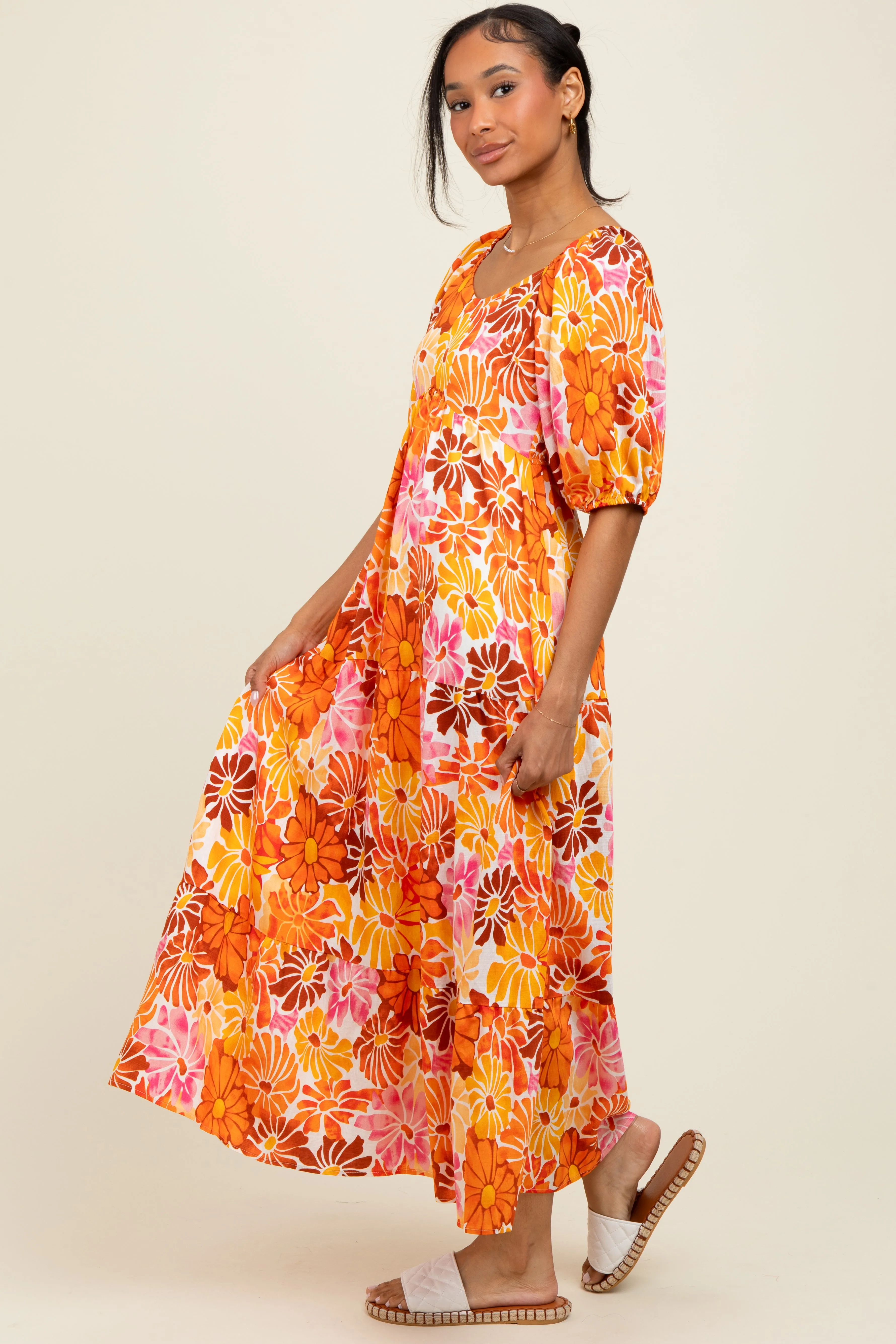Orange Floral Tiered Puff Sleeve Midi Dress sold by Pinkblush product image thumbnail 2
