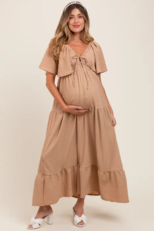 Taupe Woven Textured Flutter Sleeve V-Neck Tiered Maternity Maxi Dress sold by Pinkblush