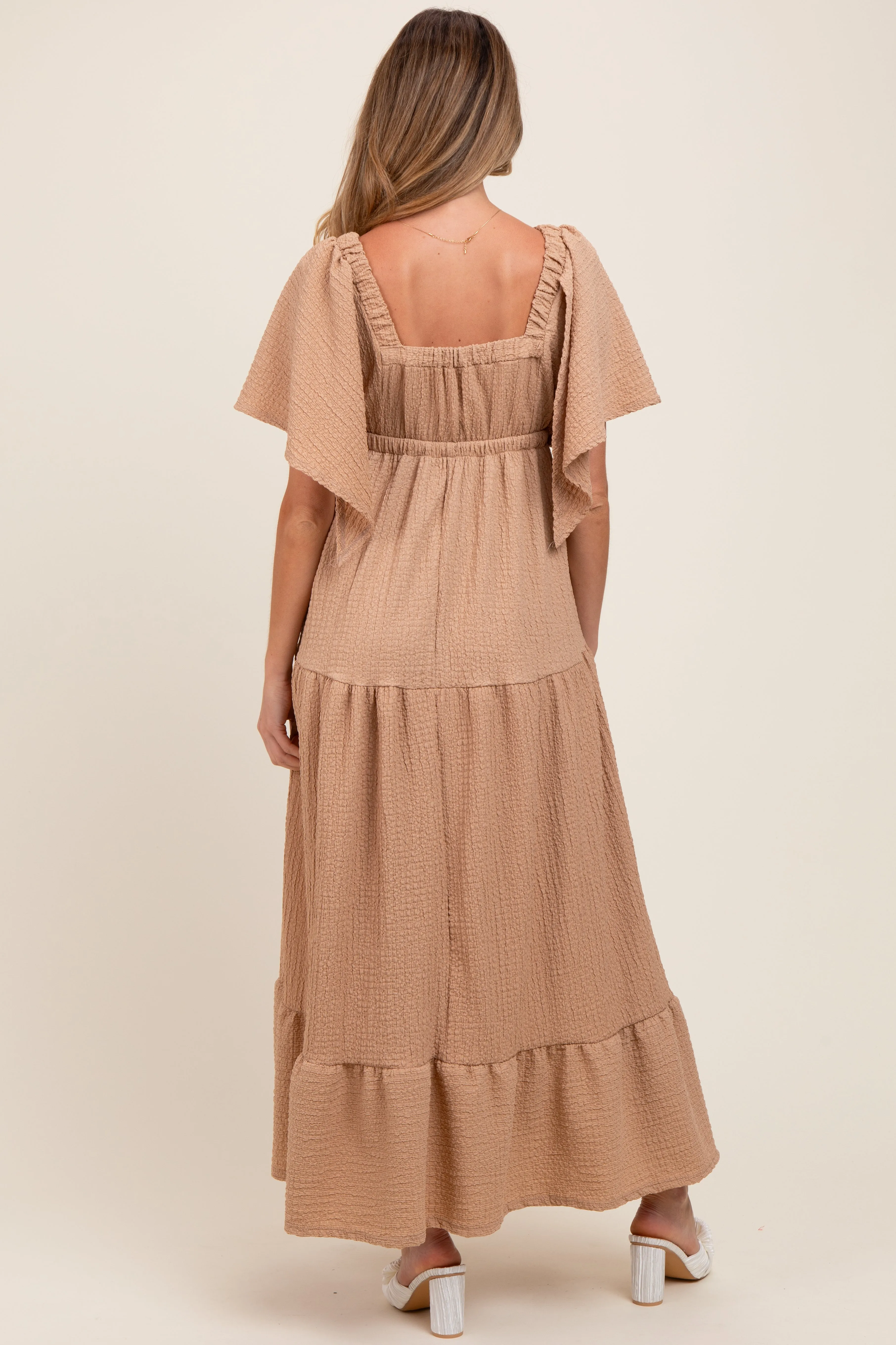 Taupe Woven Textured Flutter Sleeve V-Neck Tiered Maternity Maxi Dress sold by Pinkblush product image thumbnail 2