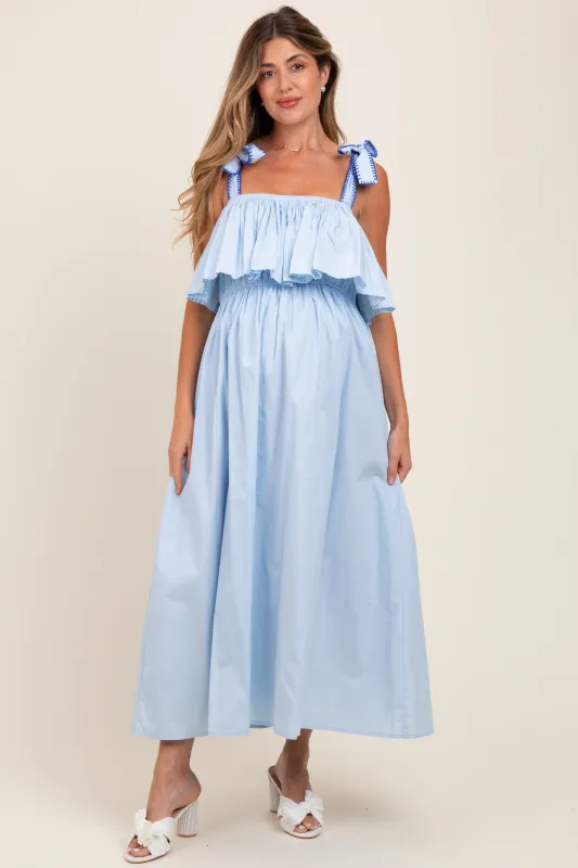 Light Blue Shoulder Tie Flounce Maternity Midi Dress sold by Pinkblush