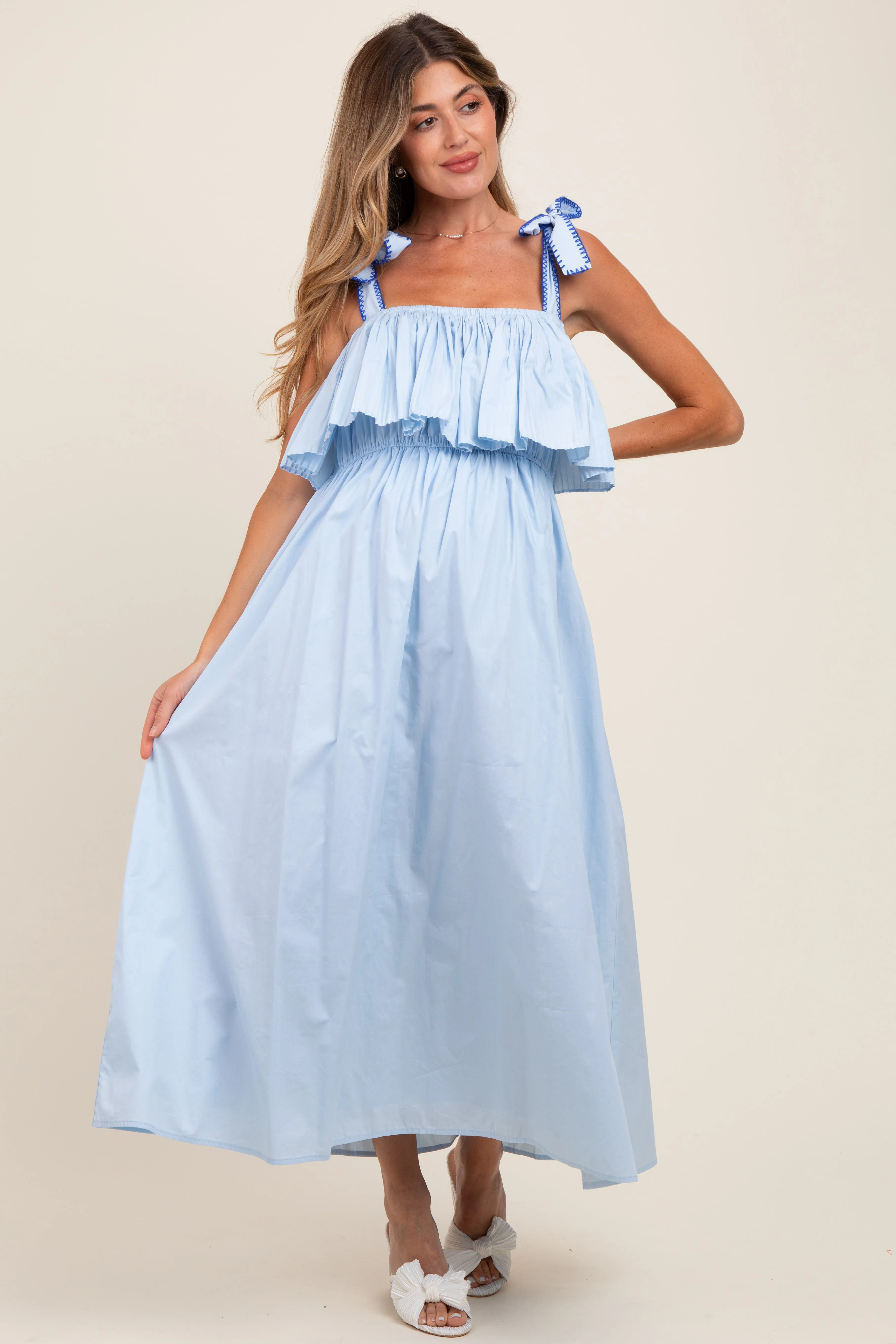 Light Blue Shoulder Tie Flounce Maternity Midi Dress sold by Pinkblush product image thumbnail 2