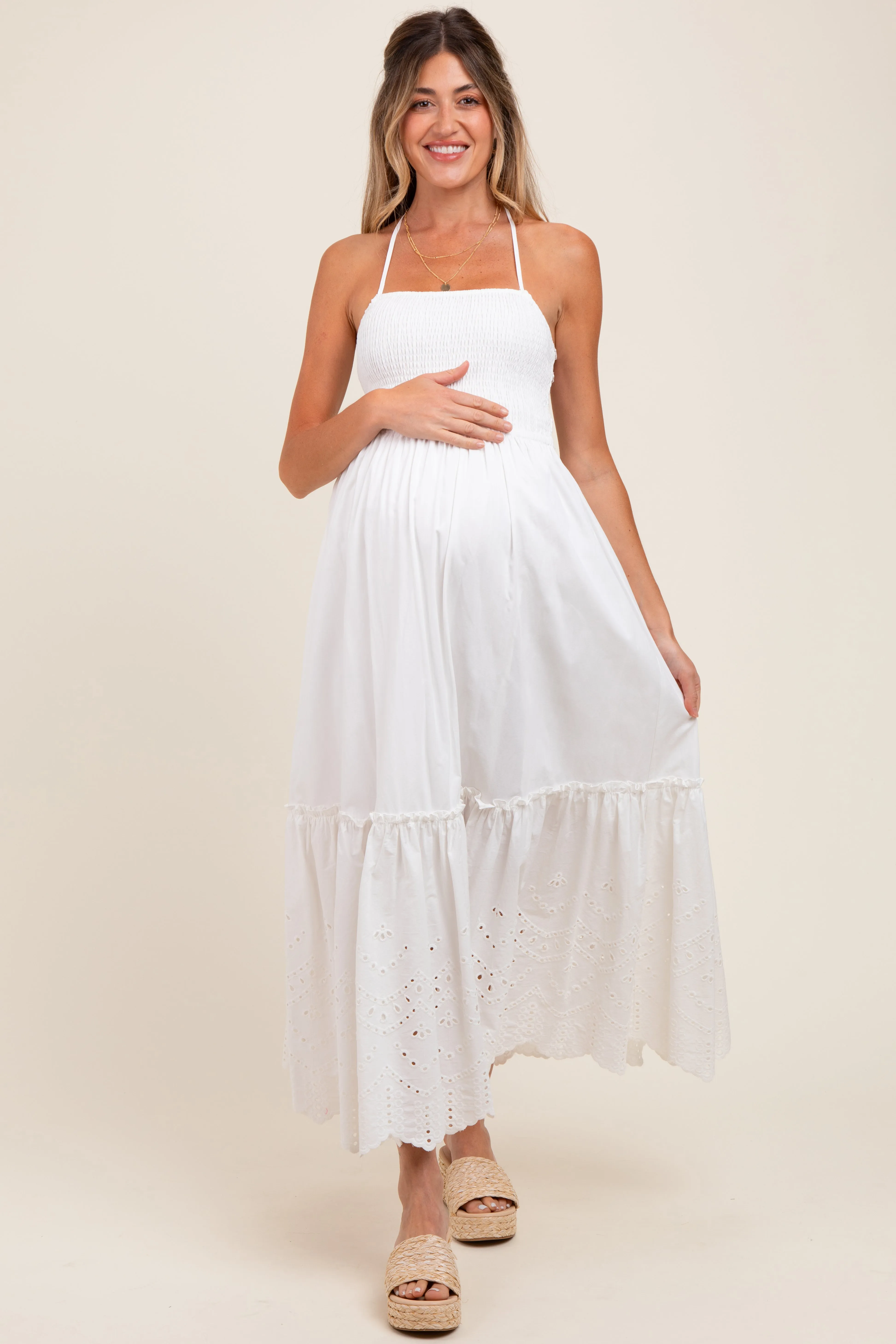 White Smocked Open Back Lace Hem Maternity Maxi Dress sold by Pinkblush