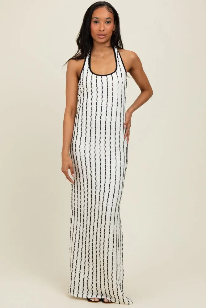 White Textured Stripe Halter Side Slit Maxi Dress sold by Pinkblush product image thumbnail 2