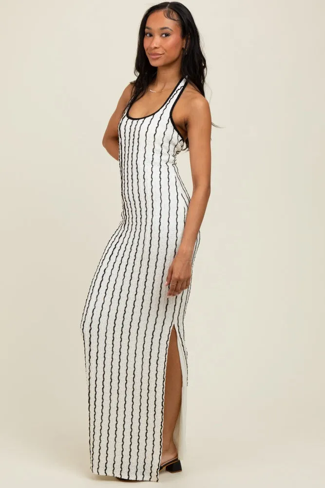 White Textured Stripe Halter Side Slit Maxi Dress sold by Pinkblush