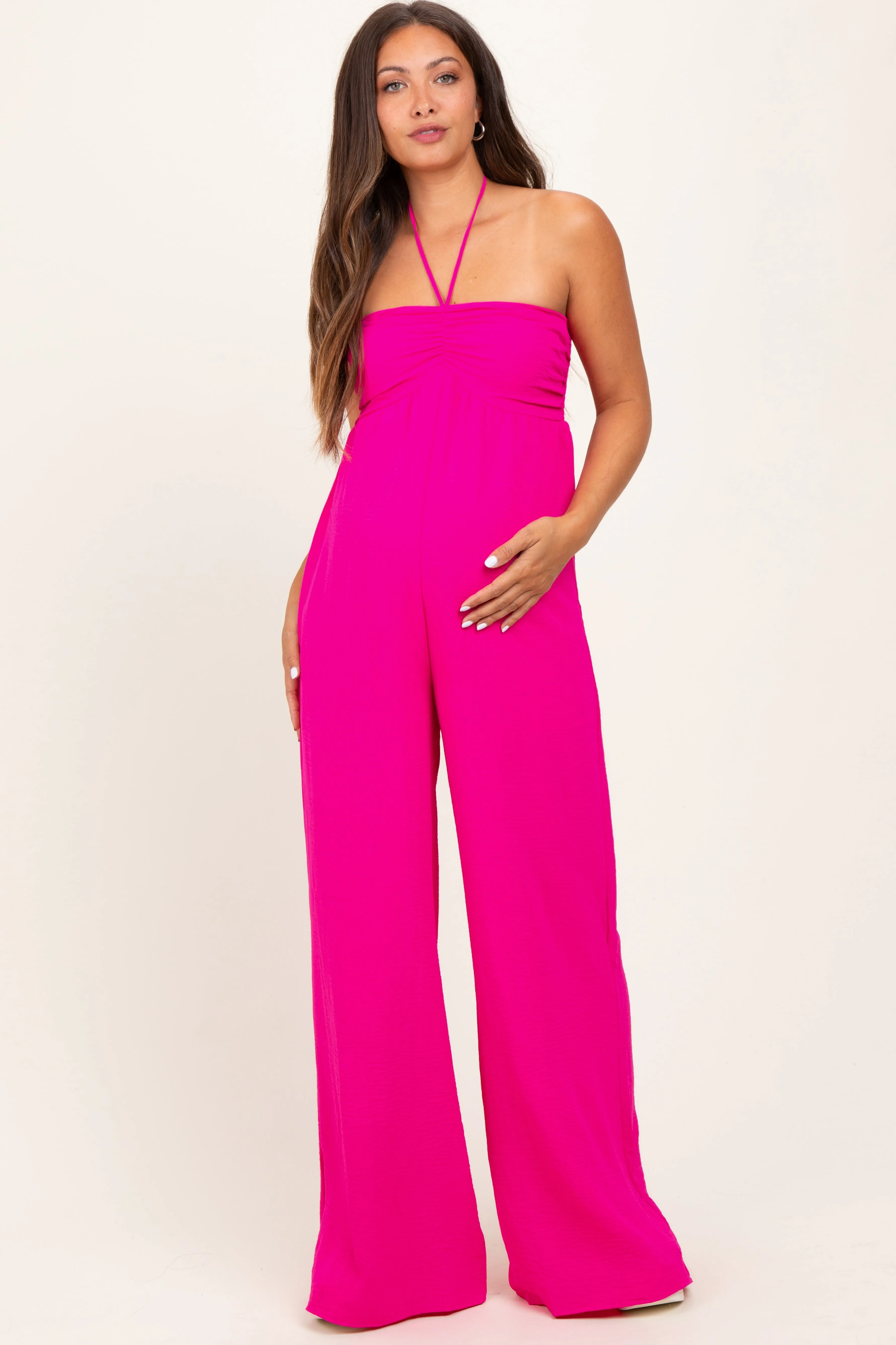 Fuchsia Halter Neck Wide Leg Maternity Jumpsuit sold by Pinkblush