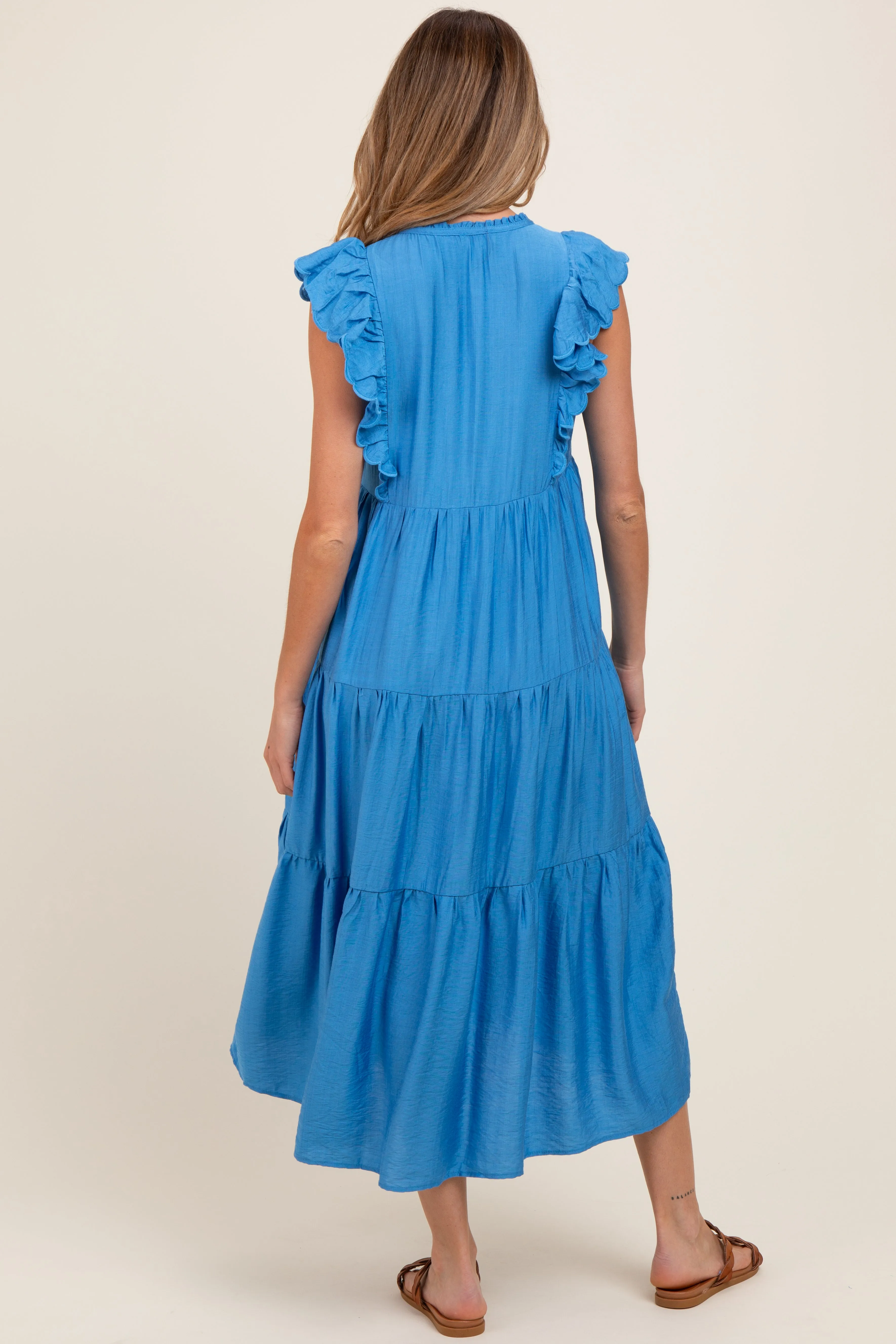 Blue Ruffle Sleeve Tiered Maternity Midi Dress sold by Pinkblush product image thumbnail 2