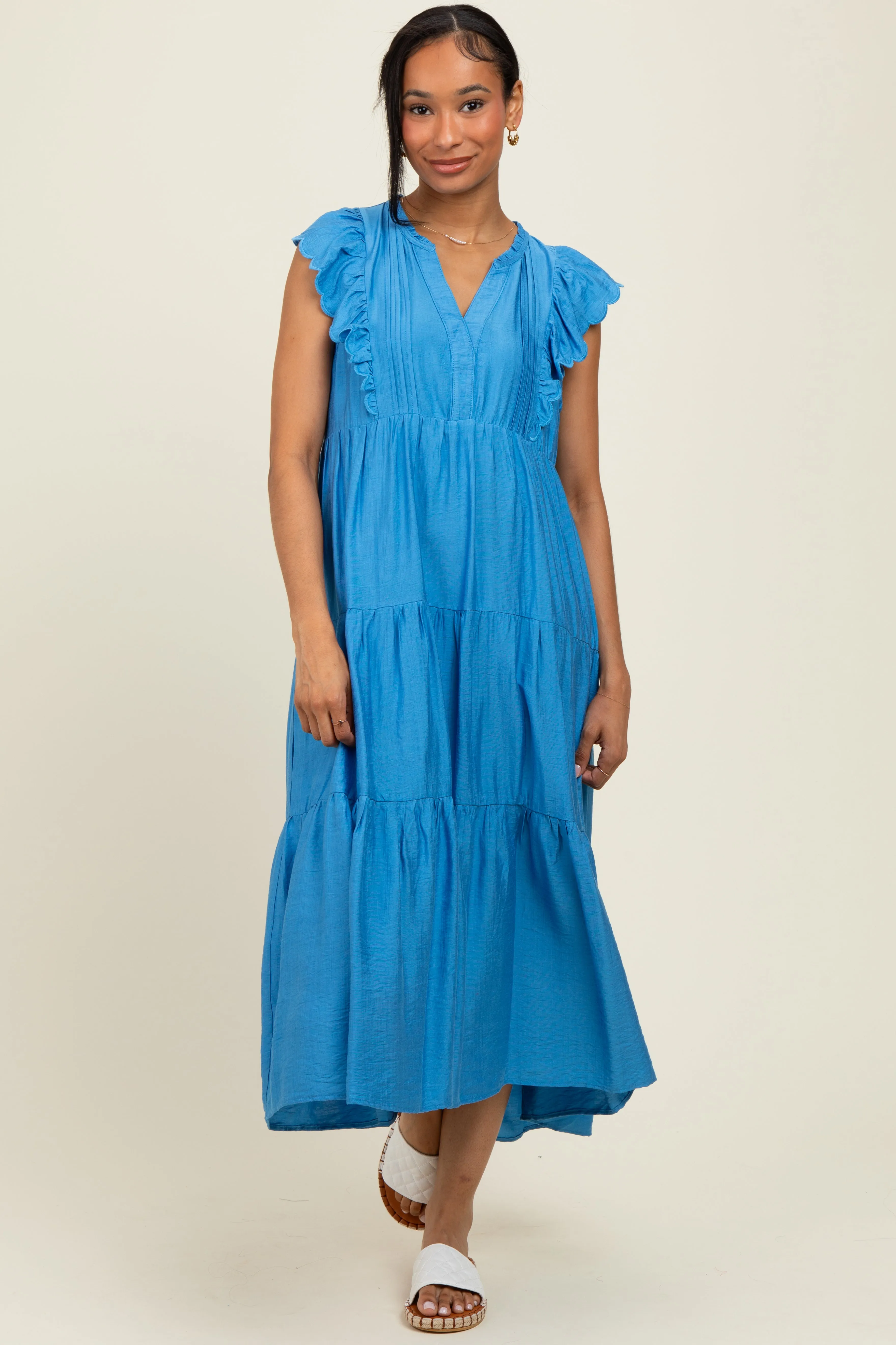 Blue Ruffle Sleeve Tiered Maternity Midi Dress sold by Pinkblush product image thumbnail 3