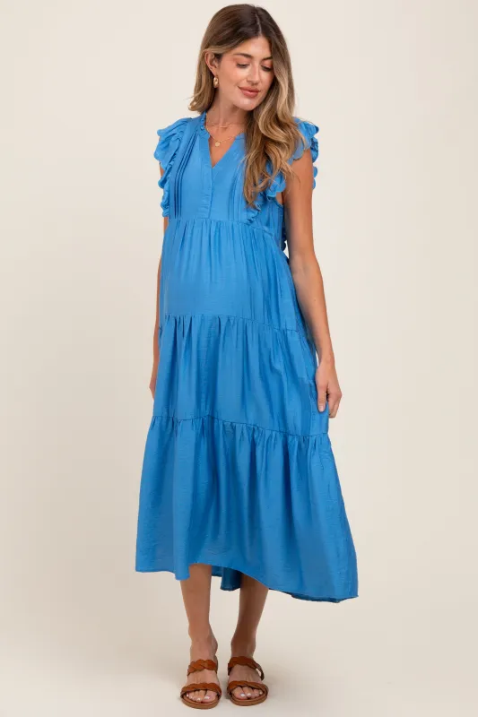 Blue Ruffle Sleeve Tiered Maternity Midi Dress sold by Pinkblush