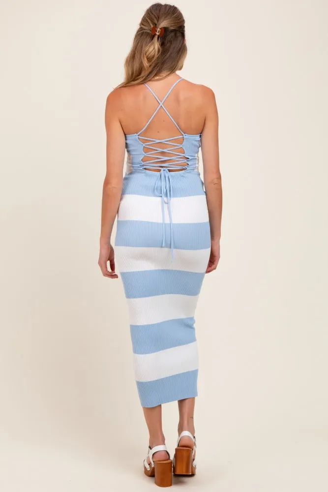 Light Blue Ivory Striped Back Lace Up Bodycon Maternity Maxi Dress sold by Pinkblush product image thumbnail 4