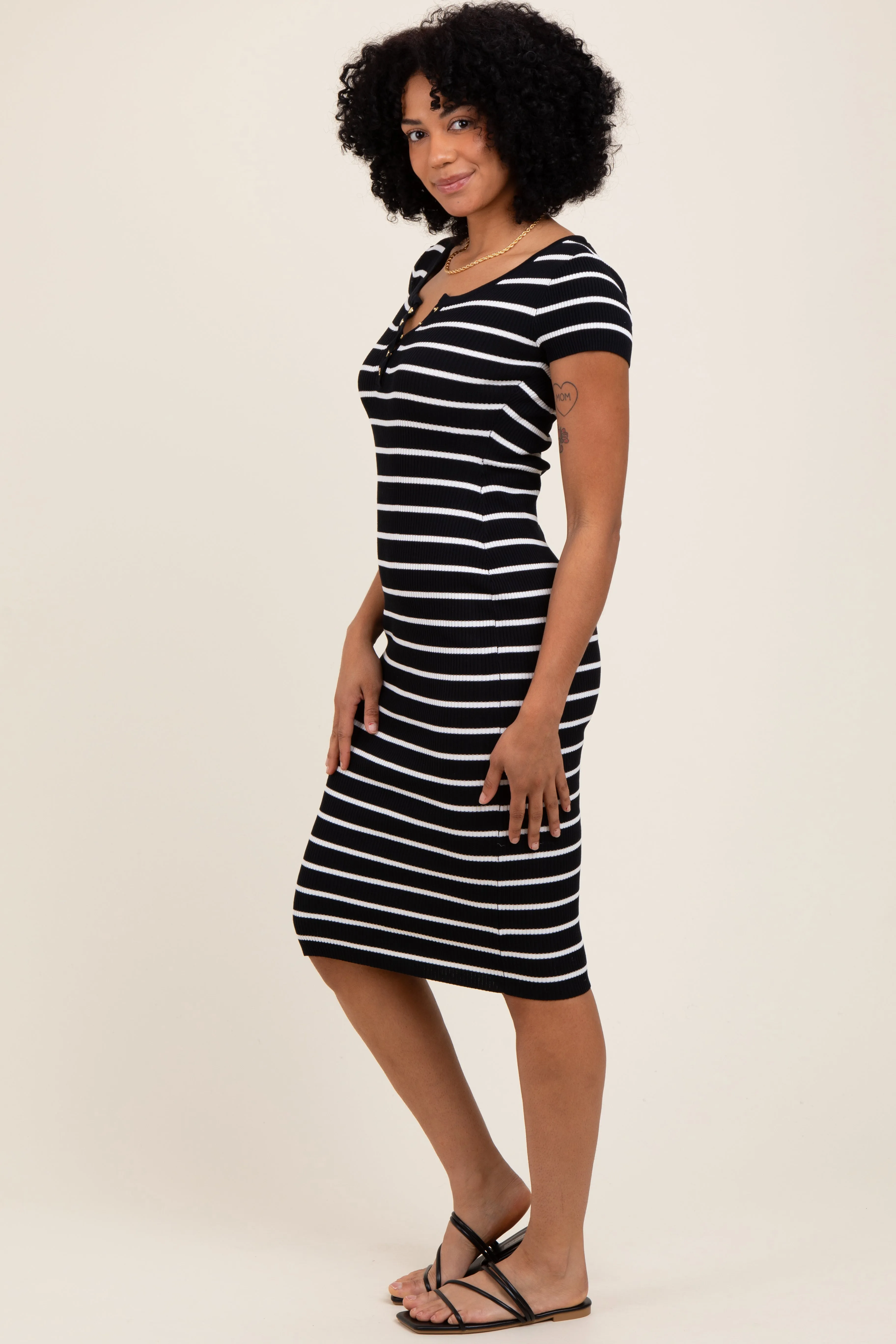 Black Striped Ribbed Henley Fitted Midi Dress sold by Pinkblush product image thumbnail 3