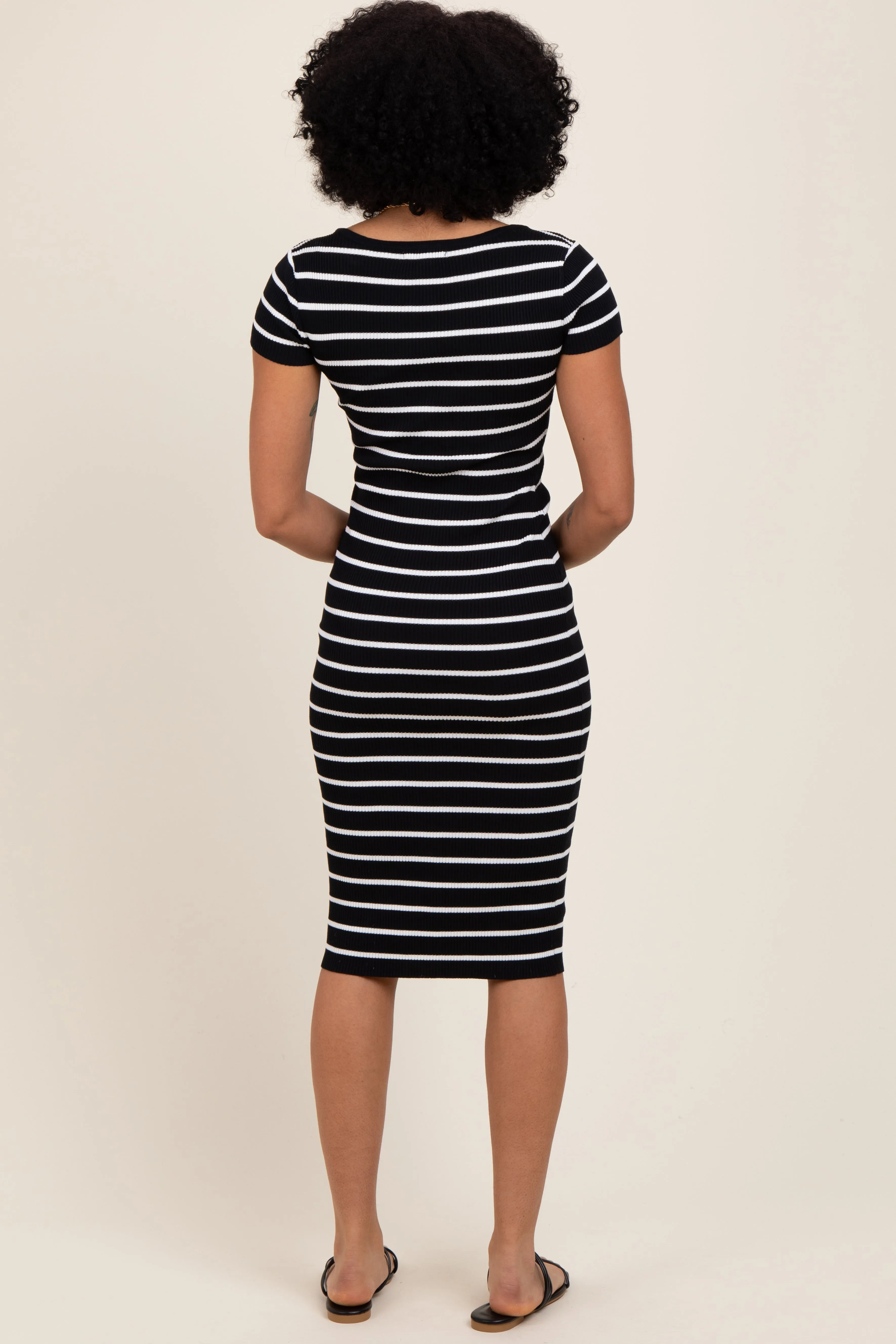 Black Striped Ribbed Henley Fitted Midi Dress sold by Pinkblush product image thumbnail 4