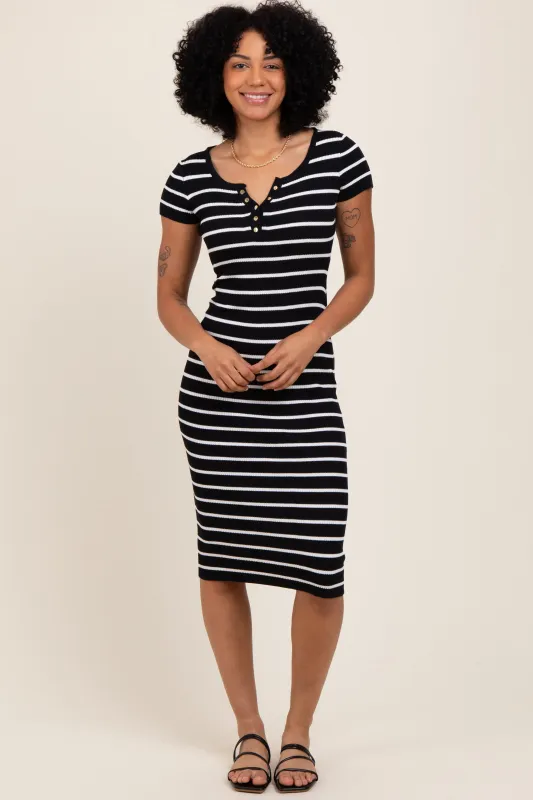 Black Striped Ribbed Henley Fitted Midi Dress sold by Pinkblush